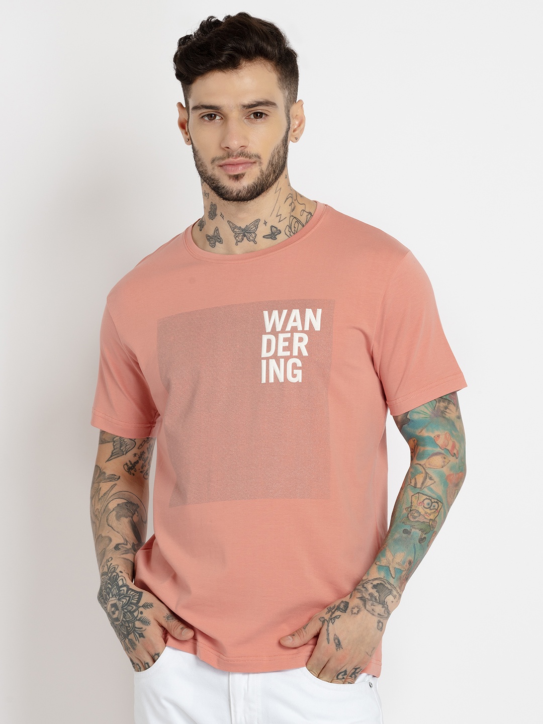 Status Quo Men Typography printed Cotton T-shirt, Coral