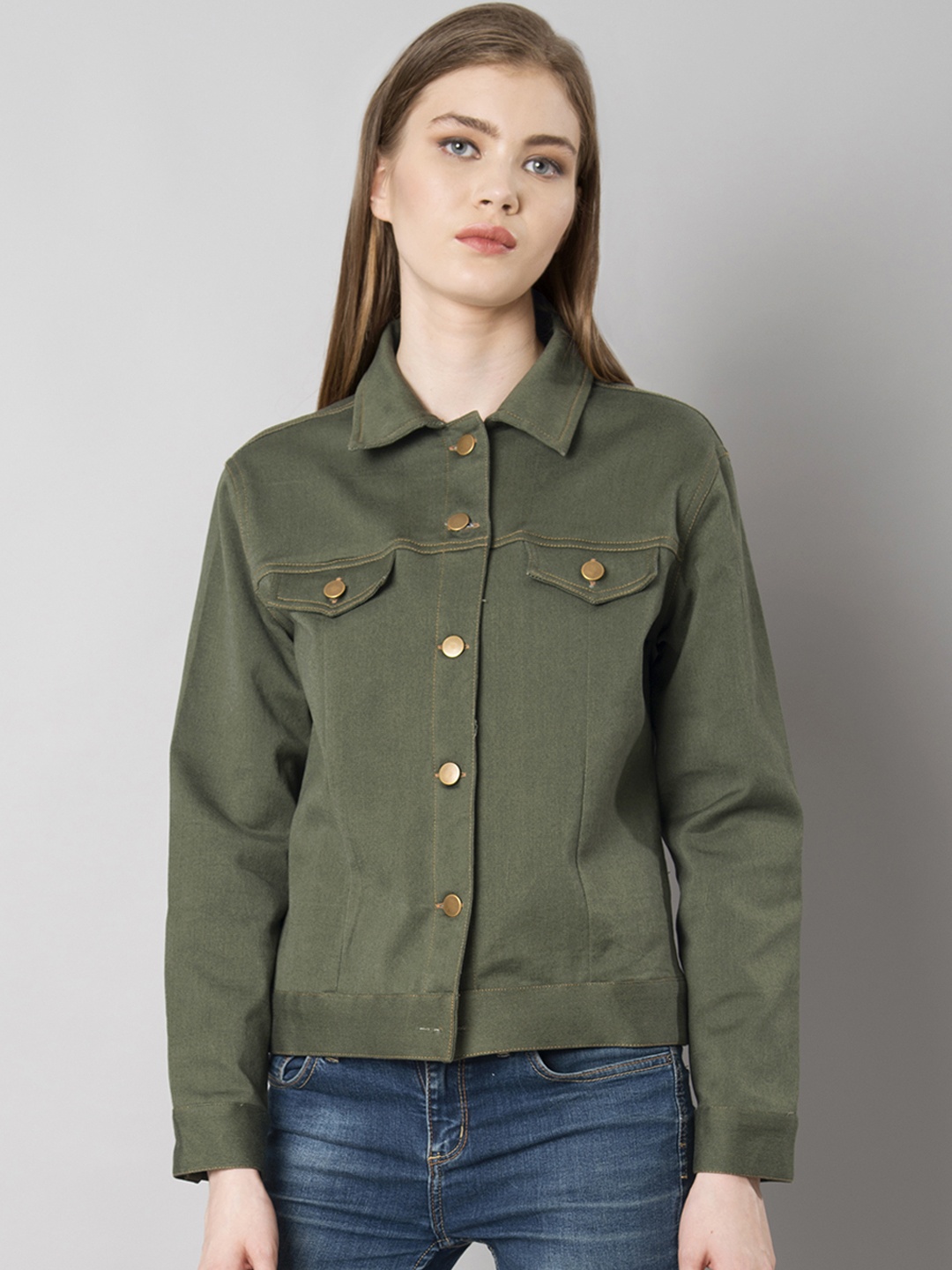 

FabAlley Women Olive Green Solid Denim Jacket