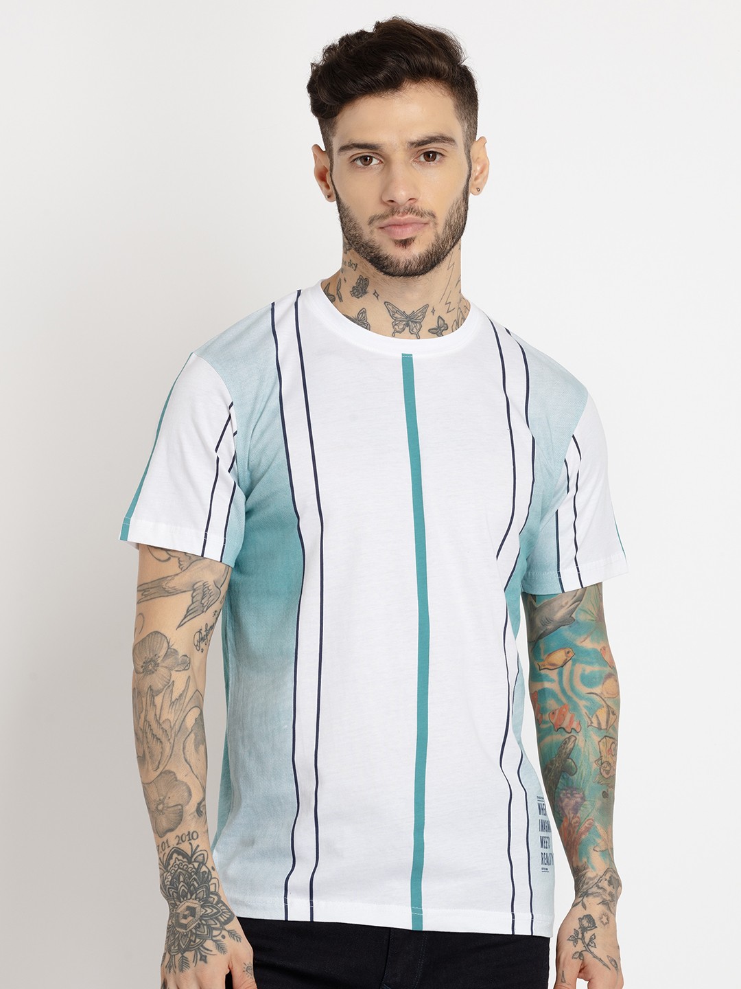 

Status Quo Men Striped Cotton T-shirt, White