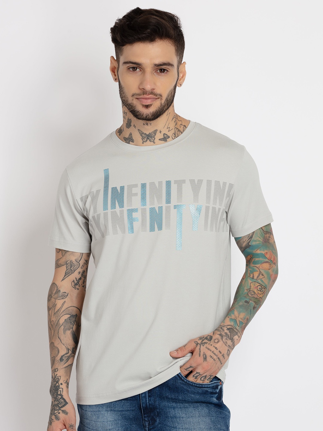 Status Quo Men Plus Size Typography Printed Cotton T-shirt, Grey