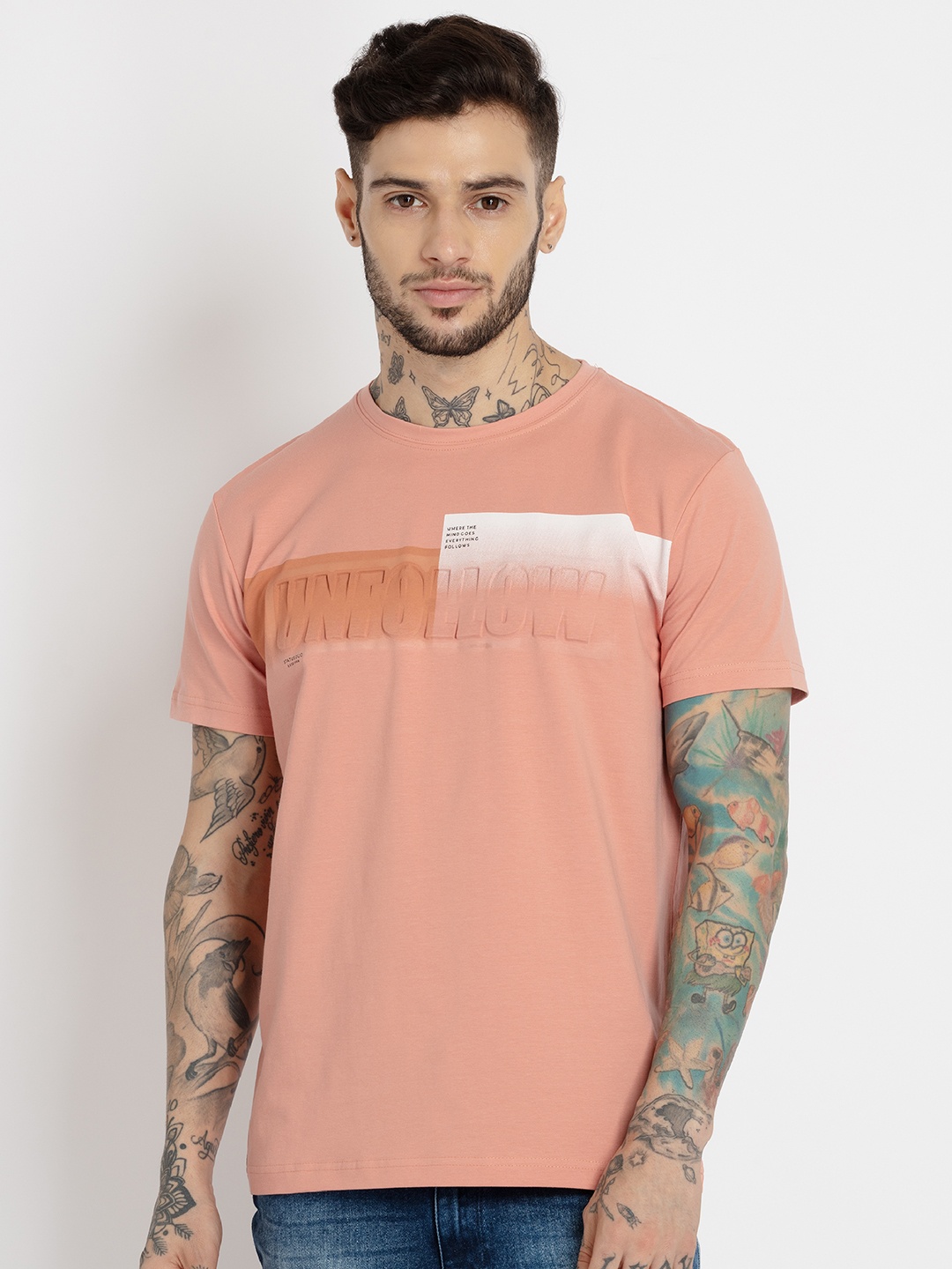 

Status Quo Men Plus Size Typography Printed Cotton T-shirt, Peach