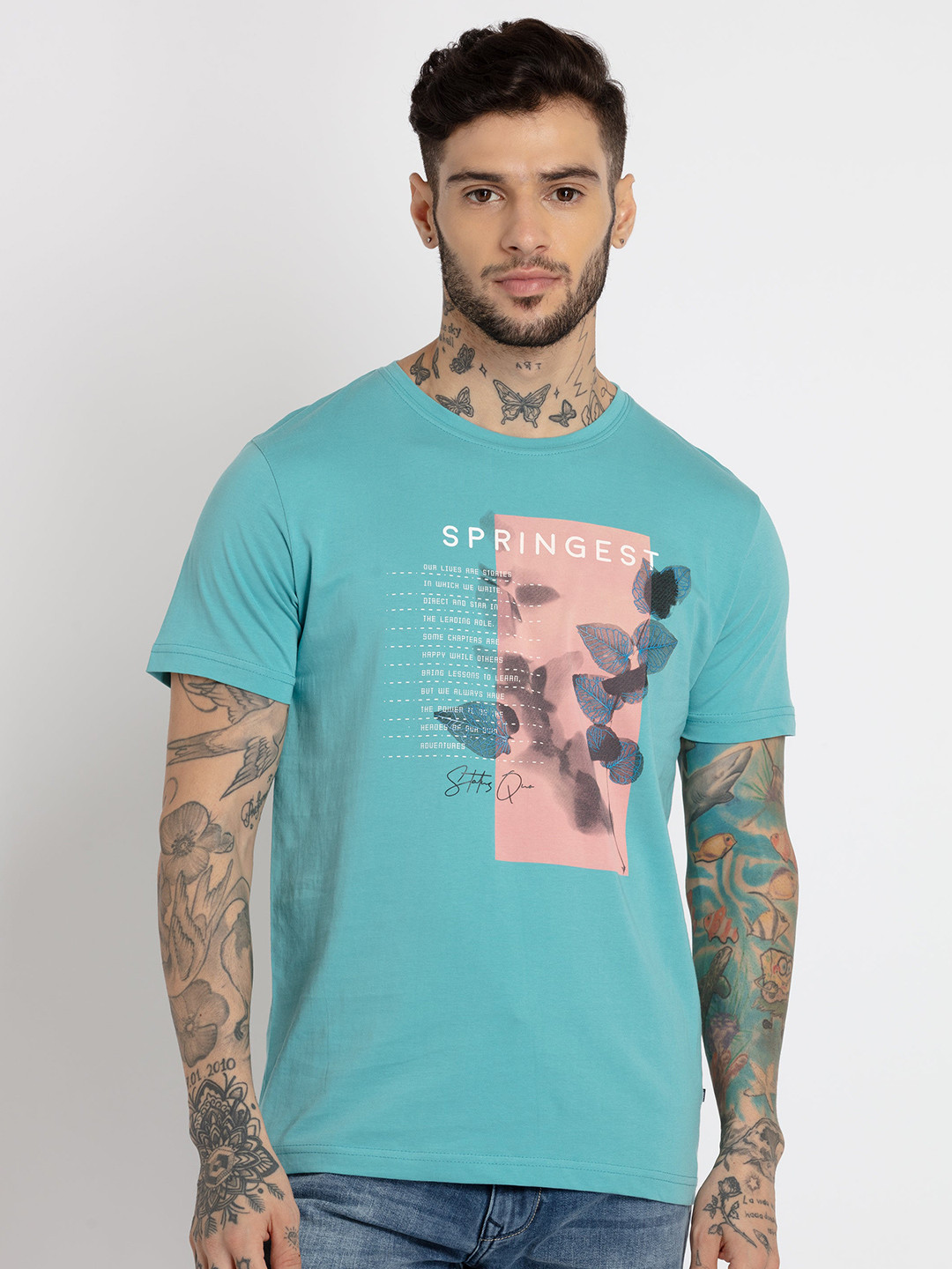 

Status Quo Men Plus Size Printed Round Neck Cotton T-shirt, Blue