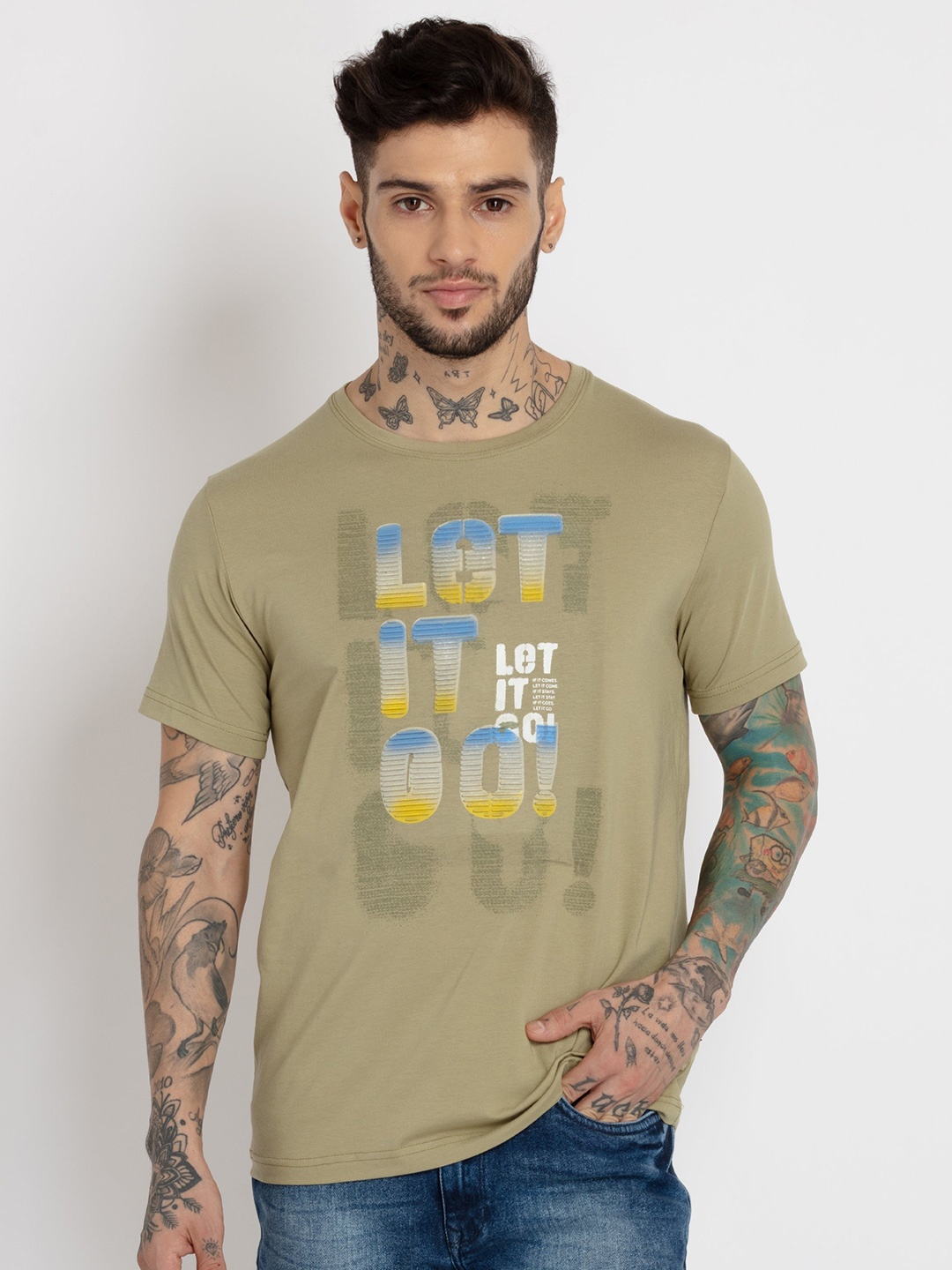 

Status Quo Men Printed Round Neck Cotton T-shirt, Olive