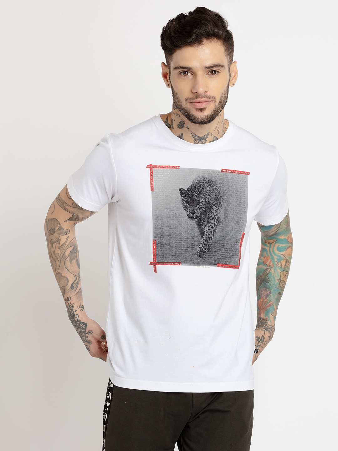 

Status Quo Men Plus Size Printed Round Neck Cotton T-shirt, White