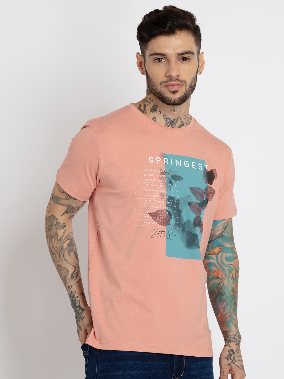 

Status Quo Men Printed Round Neck Cotton T-shirt, Coral