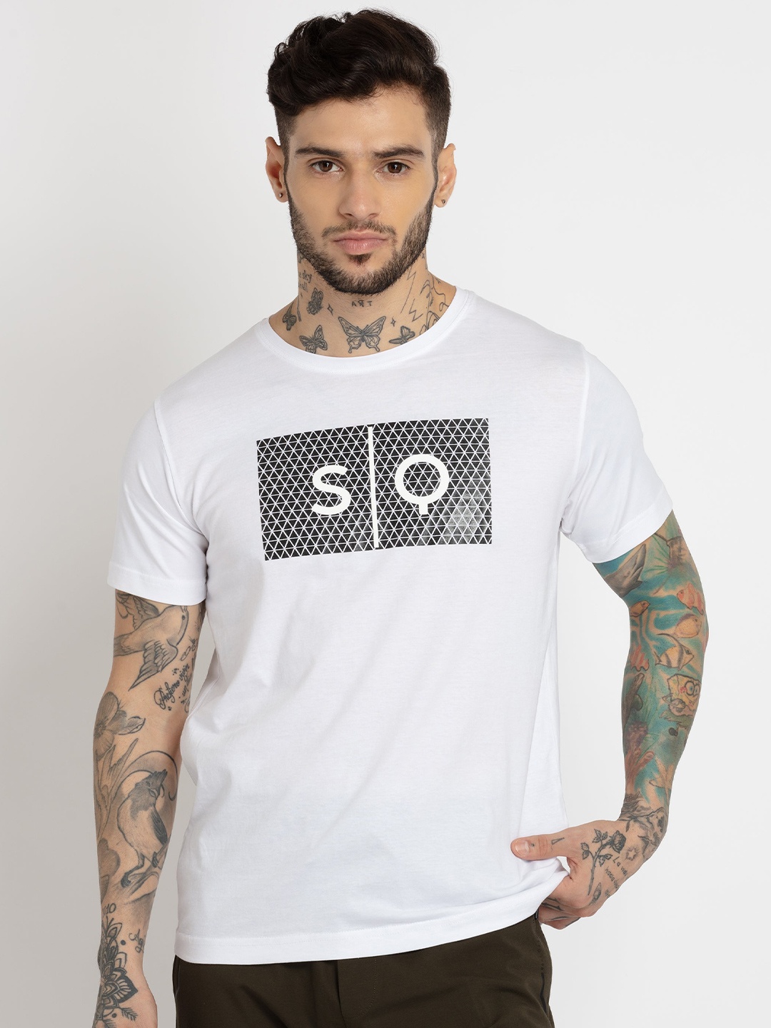 

Status Quo Men Plus Size Printed Round Neck Cotton T-shirt, White