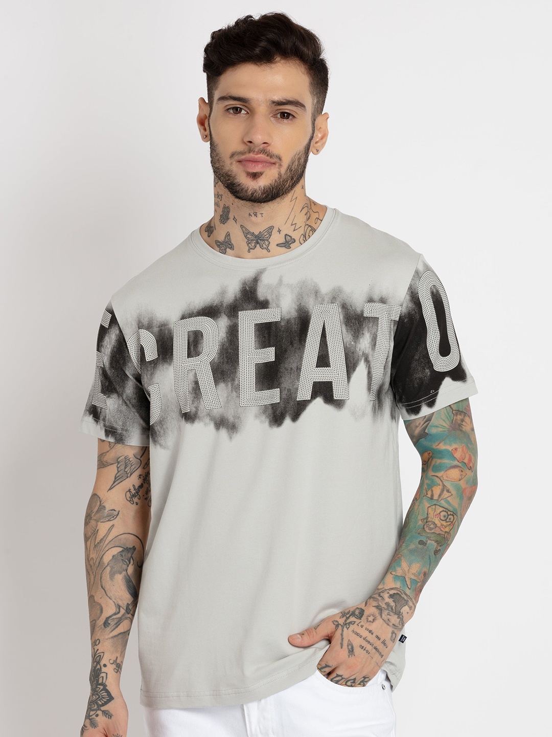 

Status Quo Men Plus Size Printed Round Neck Cotton T-shirt, Beige
