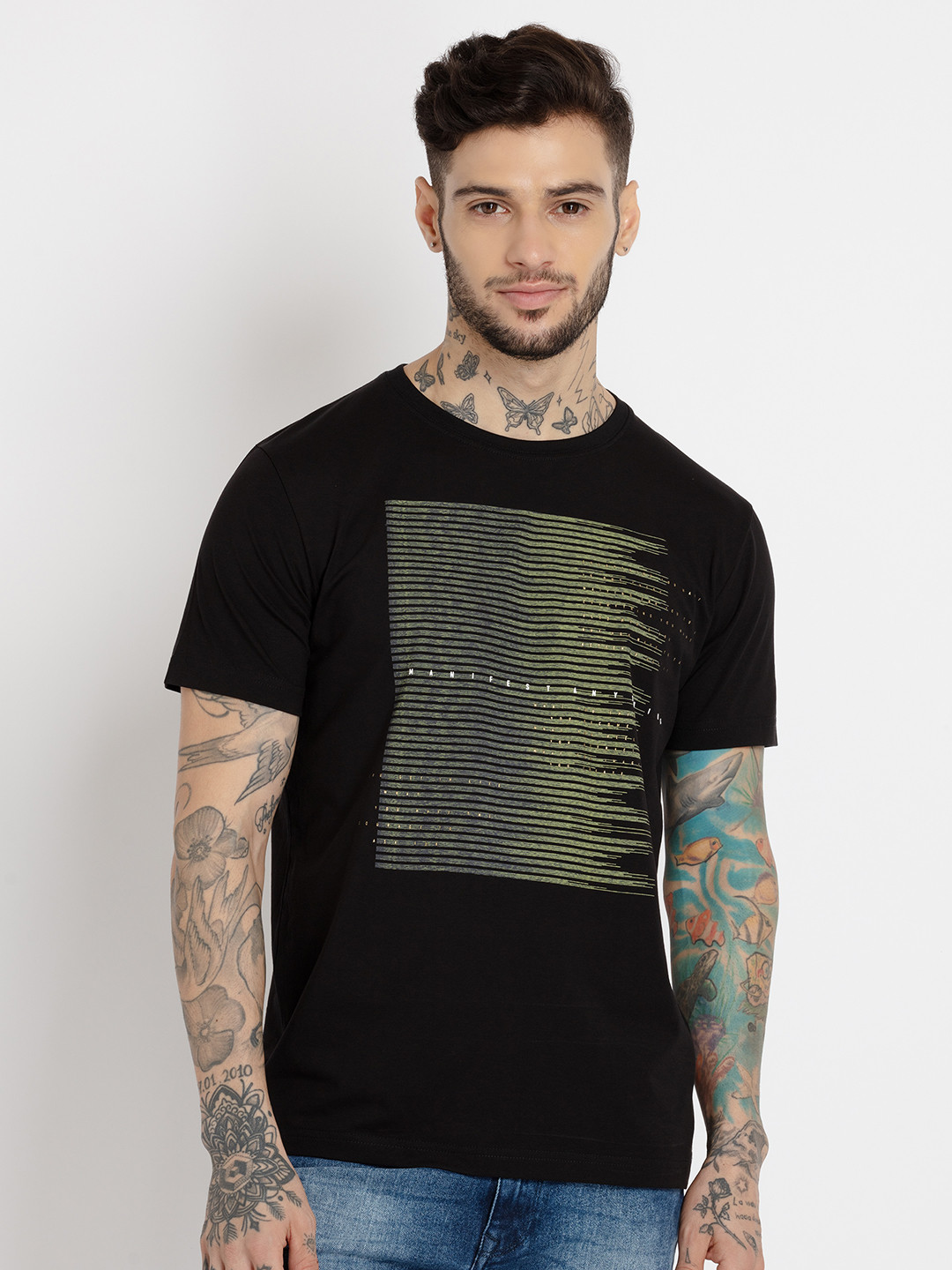 

Status Quo Men Plus Size Printed Round Neck Cotton T-shirt, Black
