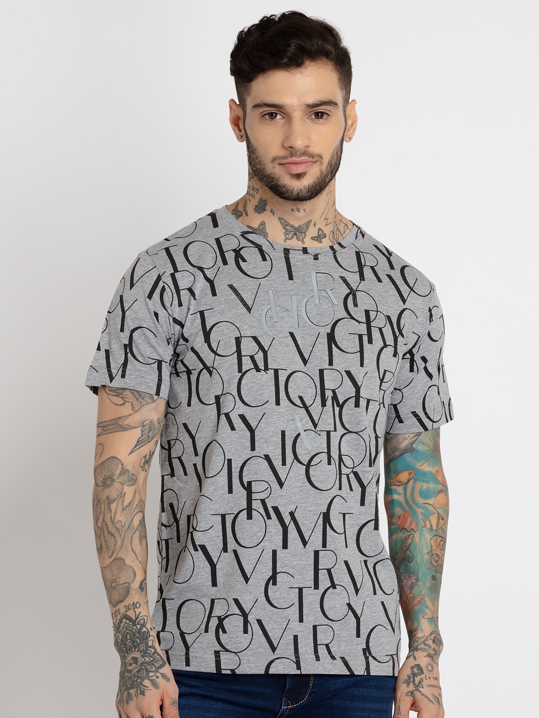 

Status Quo Men Printed Round Neck Cotton T-shirt, Grey
