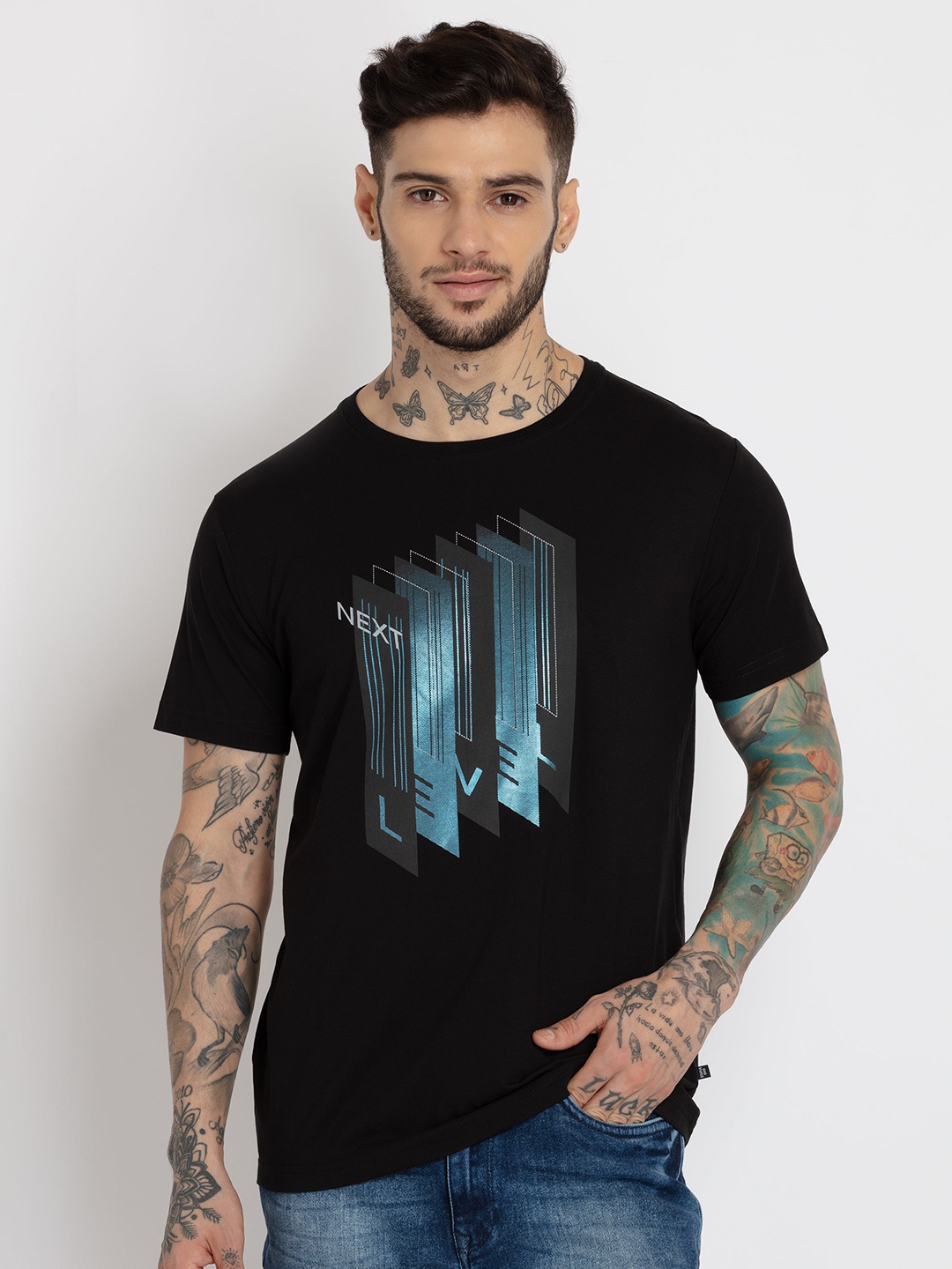 

Status Quo Men Plus Size Printed Round Neck Cotton T-shirt, Black