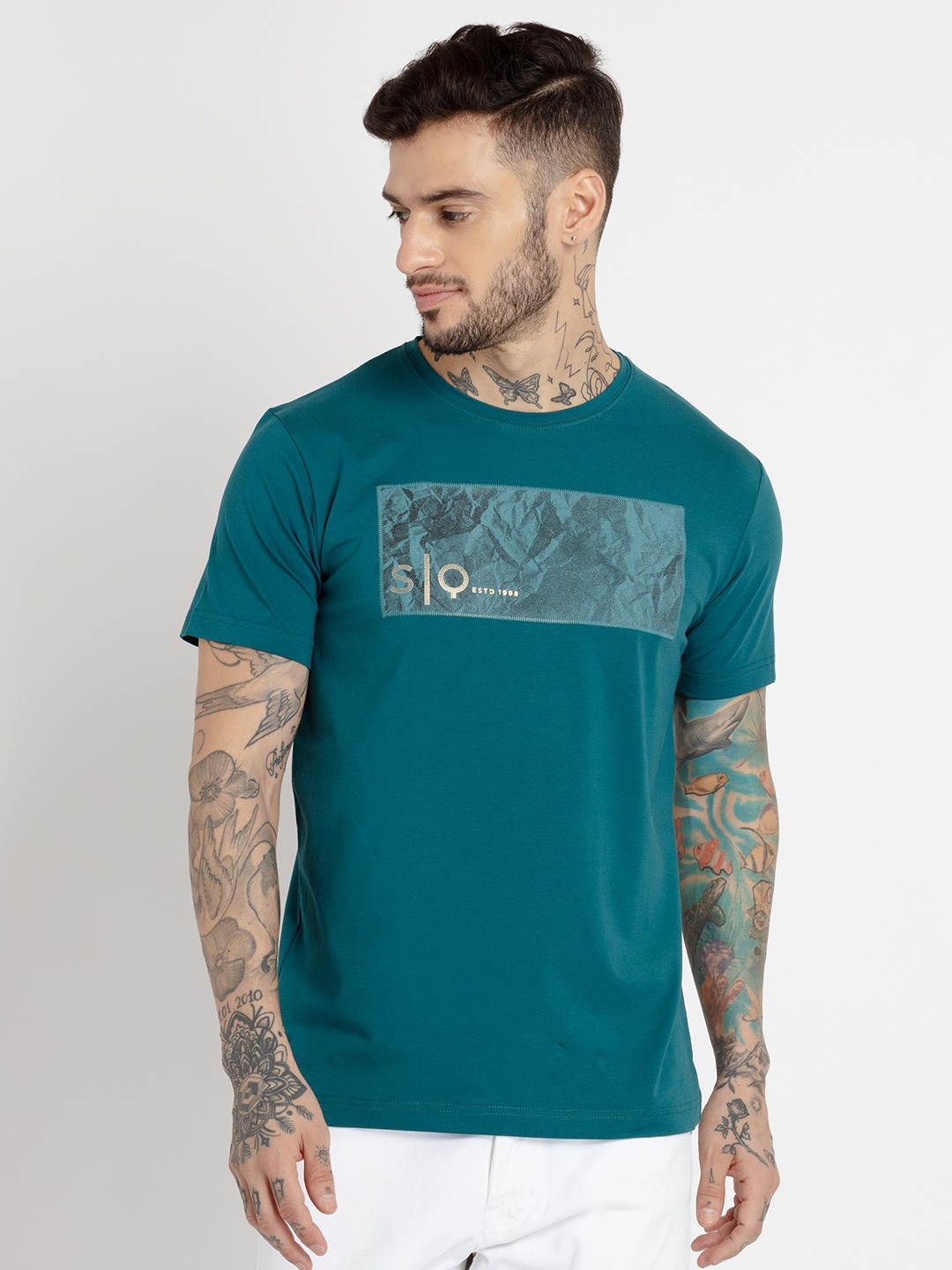 

Status Quo Men Printed Cotton T-shirt, Teal