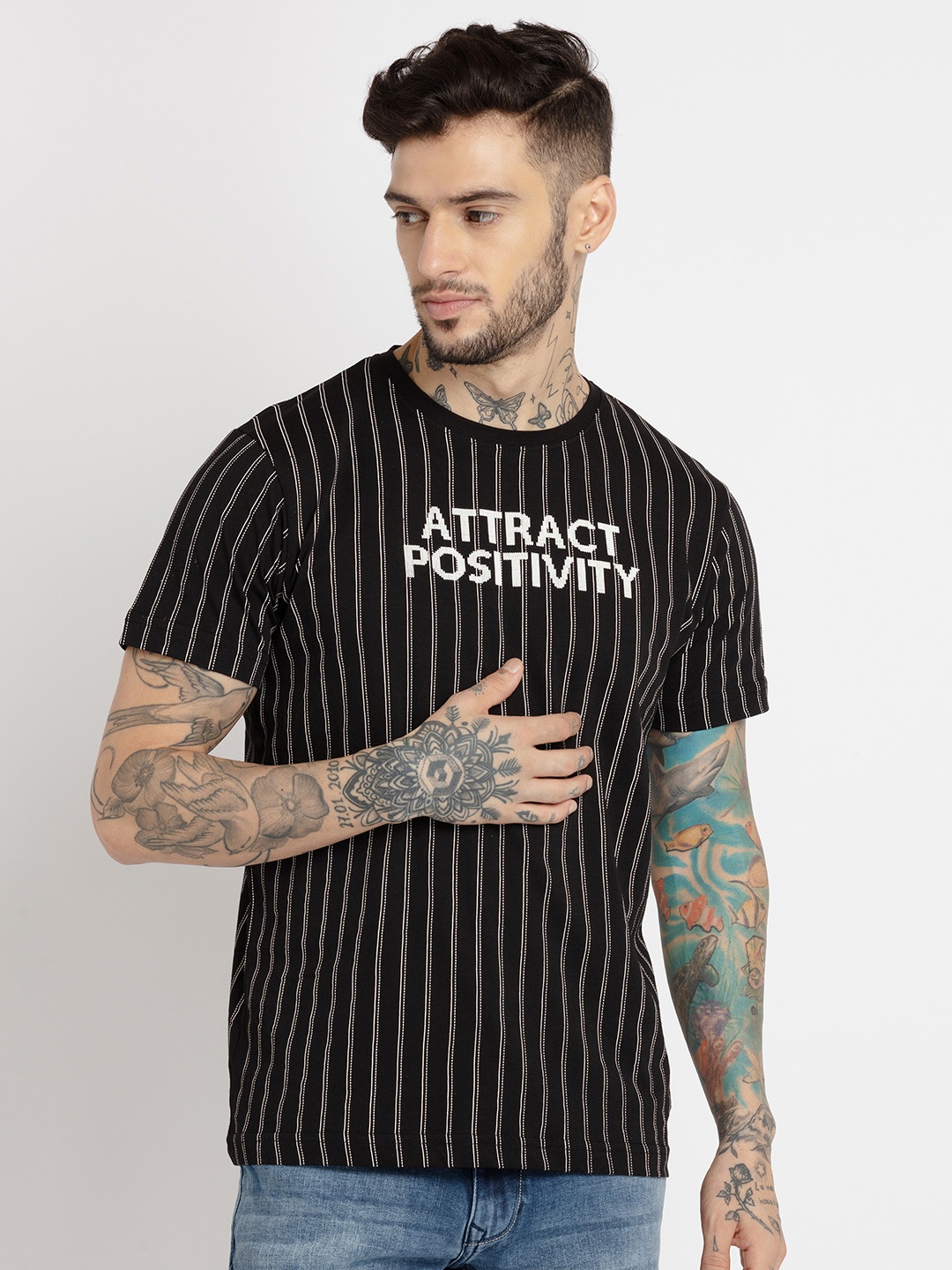 

Status Quo Men Striped Monochrome Cotton T-shirt, Black