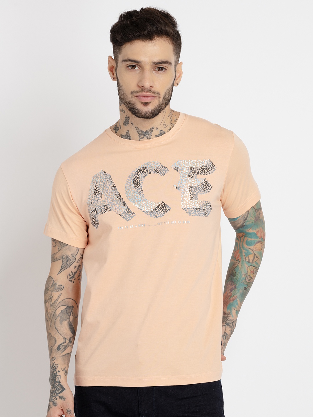 

Status Quo Men Typography Printed Cotton T-shirt, Peach