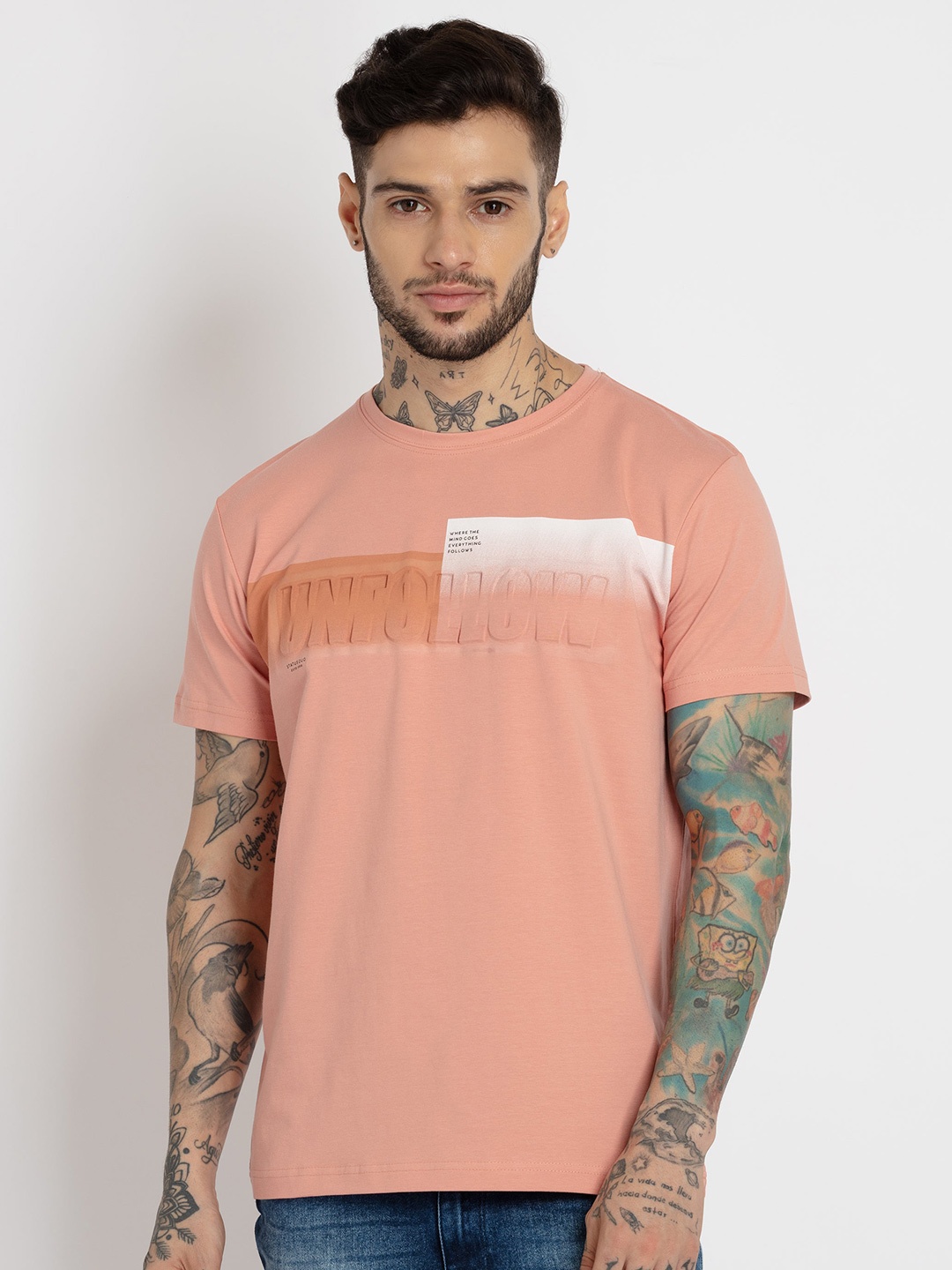 

Status Quo Men Typography Printed Cotton T-shirt, Peach