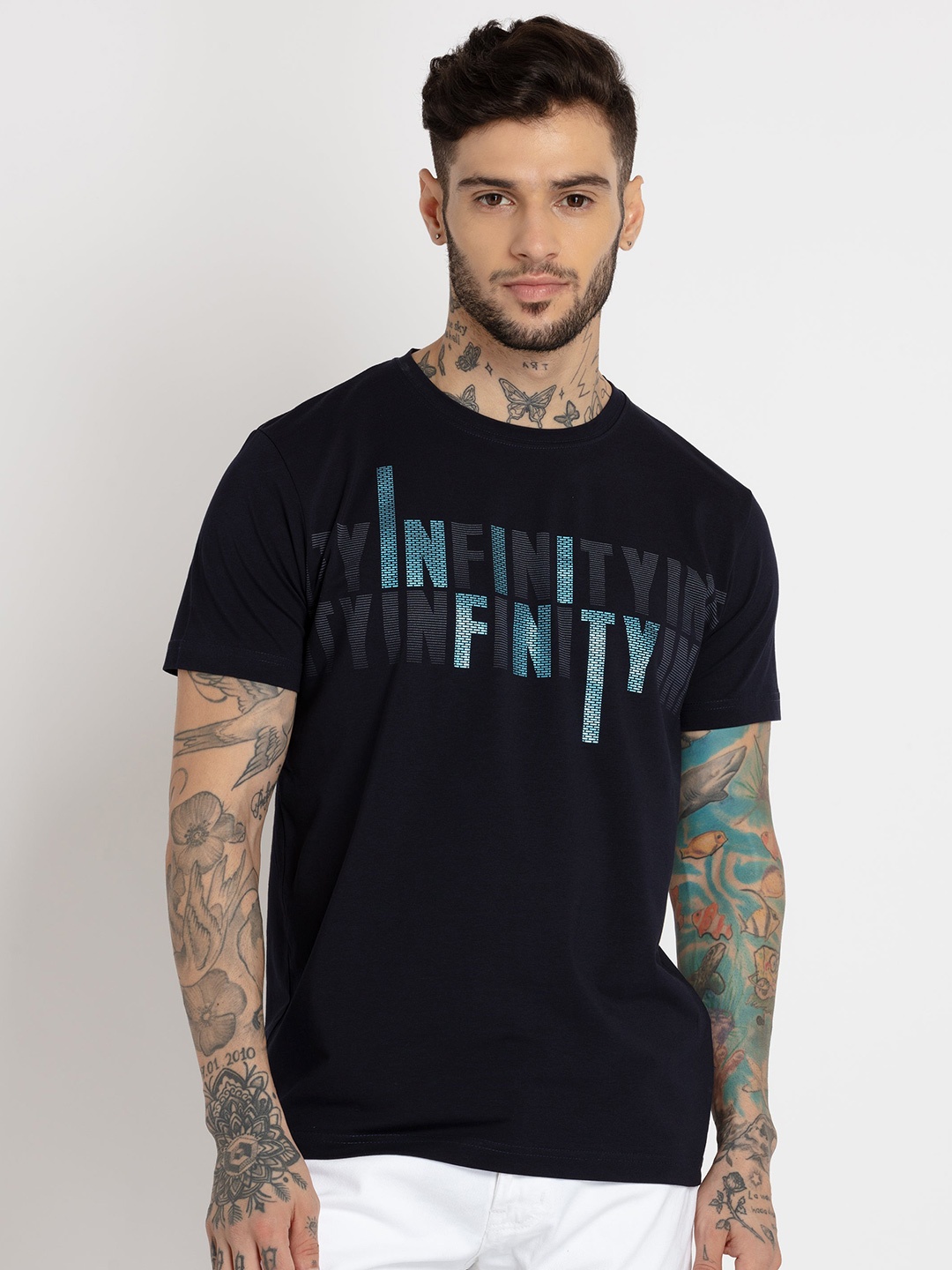 

Status Quo Men Typography Printed Cotton T-shirt, Navy blue