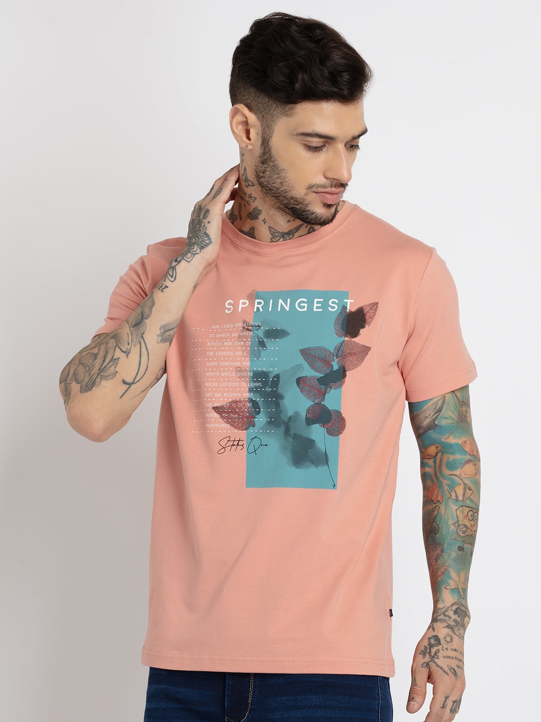 Status Quo Men Plus Size Typography Printed Cotton T-shirt, Pink