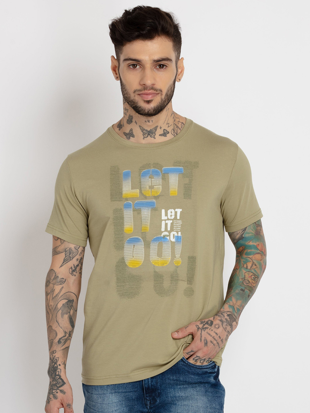 

Status Quo Men Plus Size Typography Printed Cotton T-shirt, Khaki