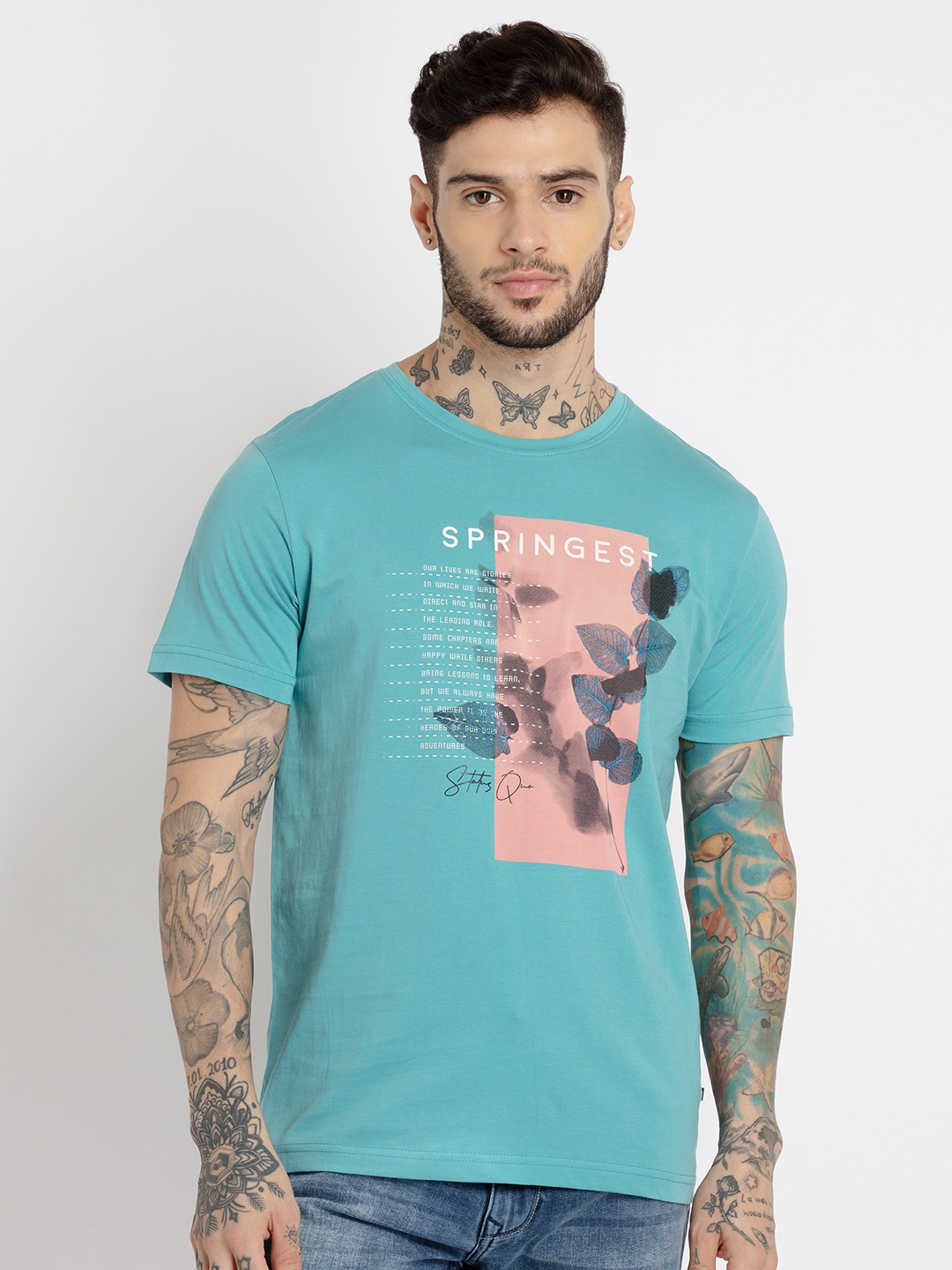 

Status Quo Men Typography Printed Regular Fit Cotton T-shirt, Turquoise blue