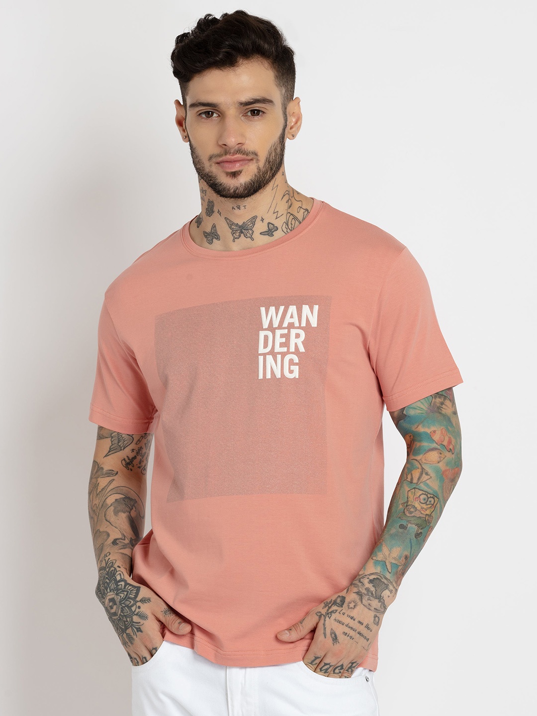 

Status Quo Men Plus Size Typography Printed Cotton T-shirt, Coral