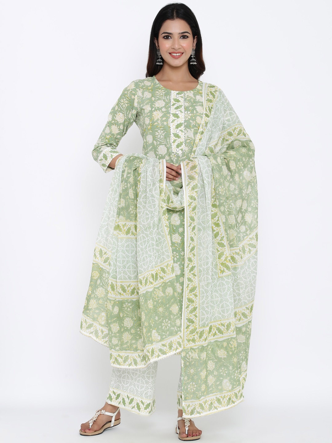 

kipek Women Ethnic Motifs Printed Pure Cotton Kurta with Palazzos & Dupatta, Green