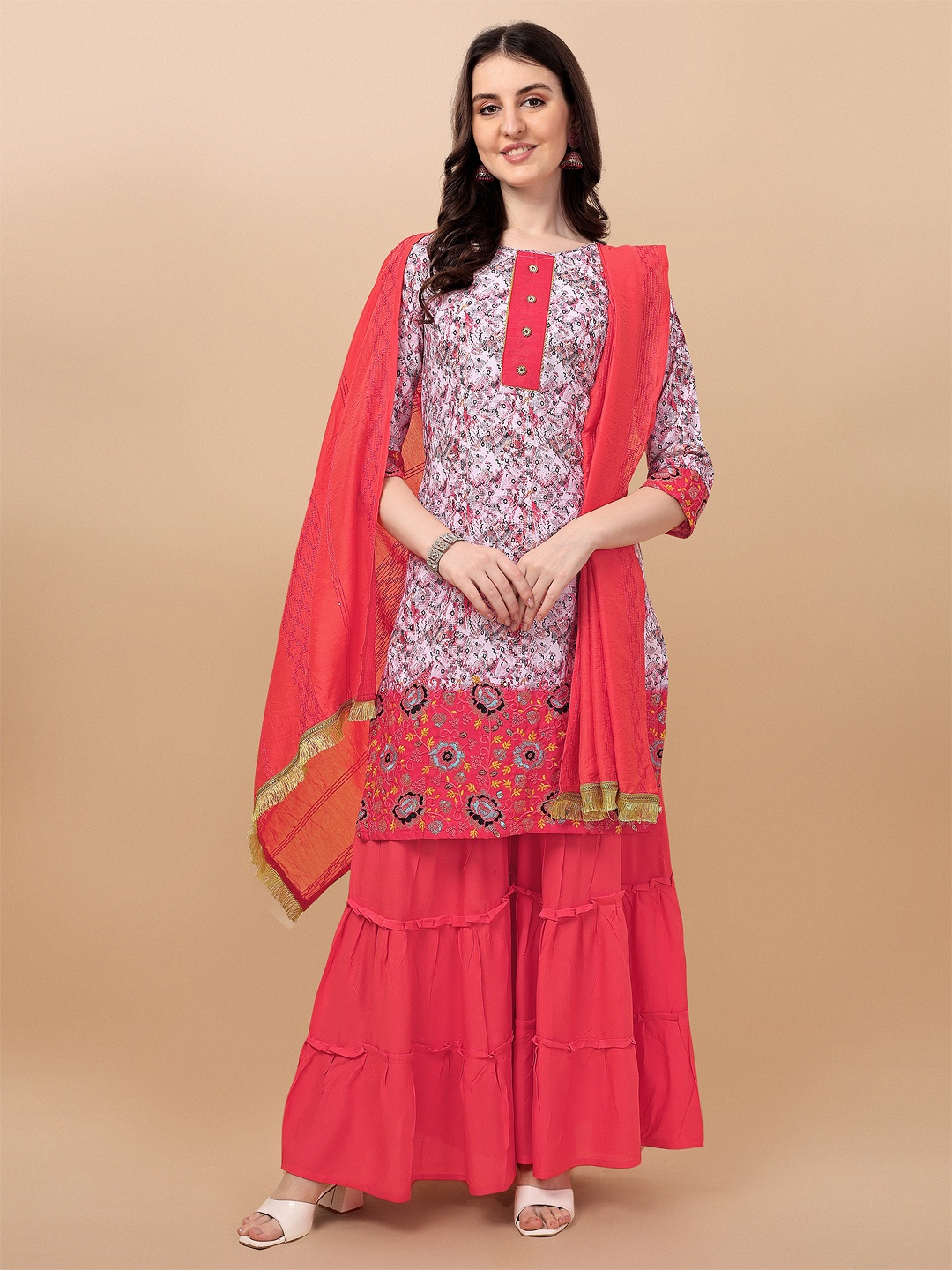 

JATRIQQ Women Red Printed Kurta with Sharara & With Dupatta