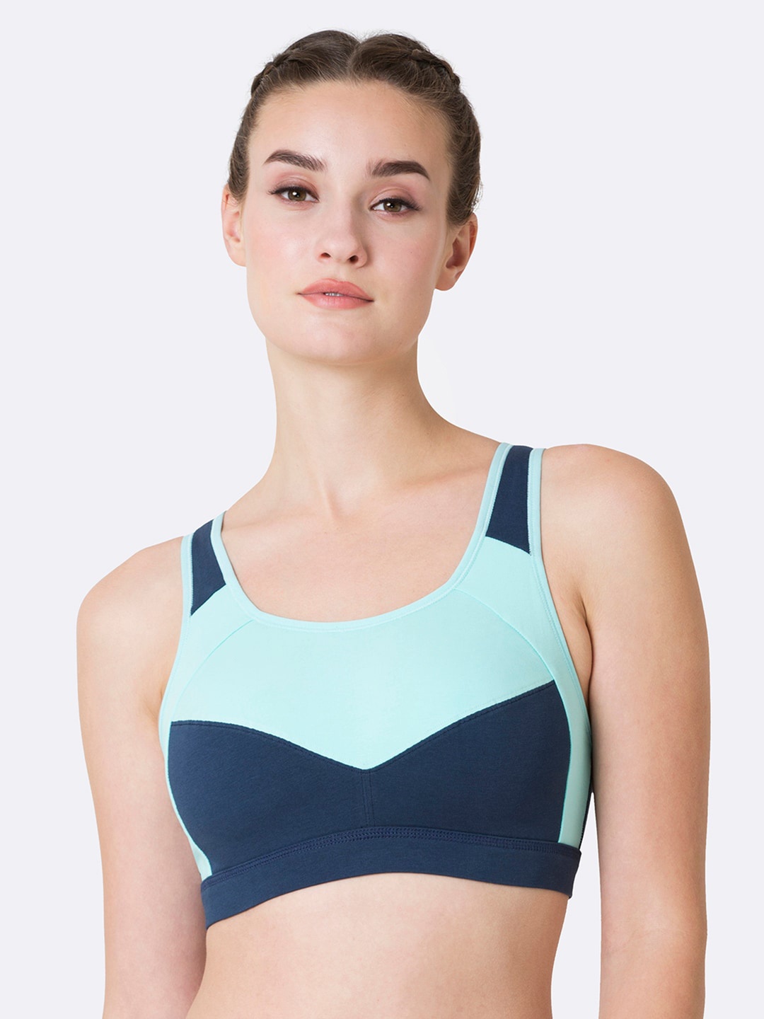 

Van Heusen Proactive Grey Colour Blocked Anti Bacterial Wireless Racerback Sports Bra, Blue