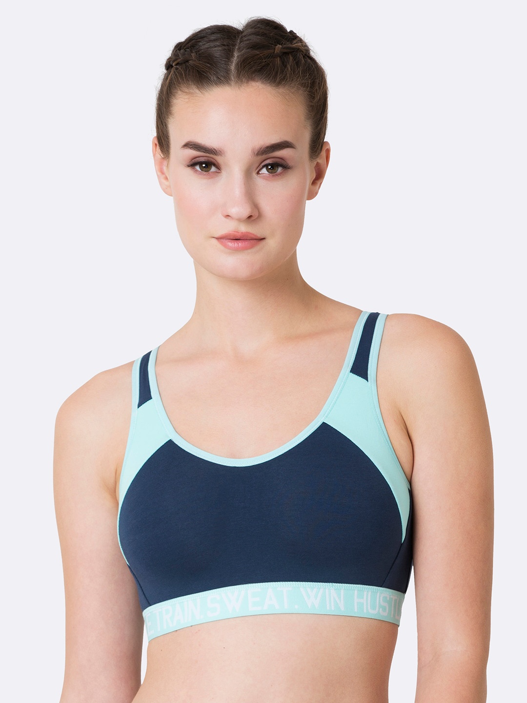 

Van Heusen Proactive Women Space Grey Colour Blocked Anti Bacterial Wireless Sports Bra, Blue