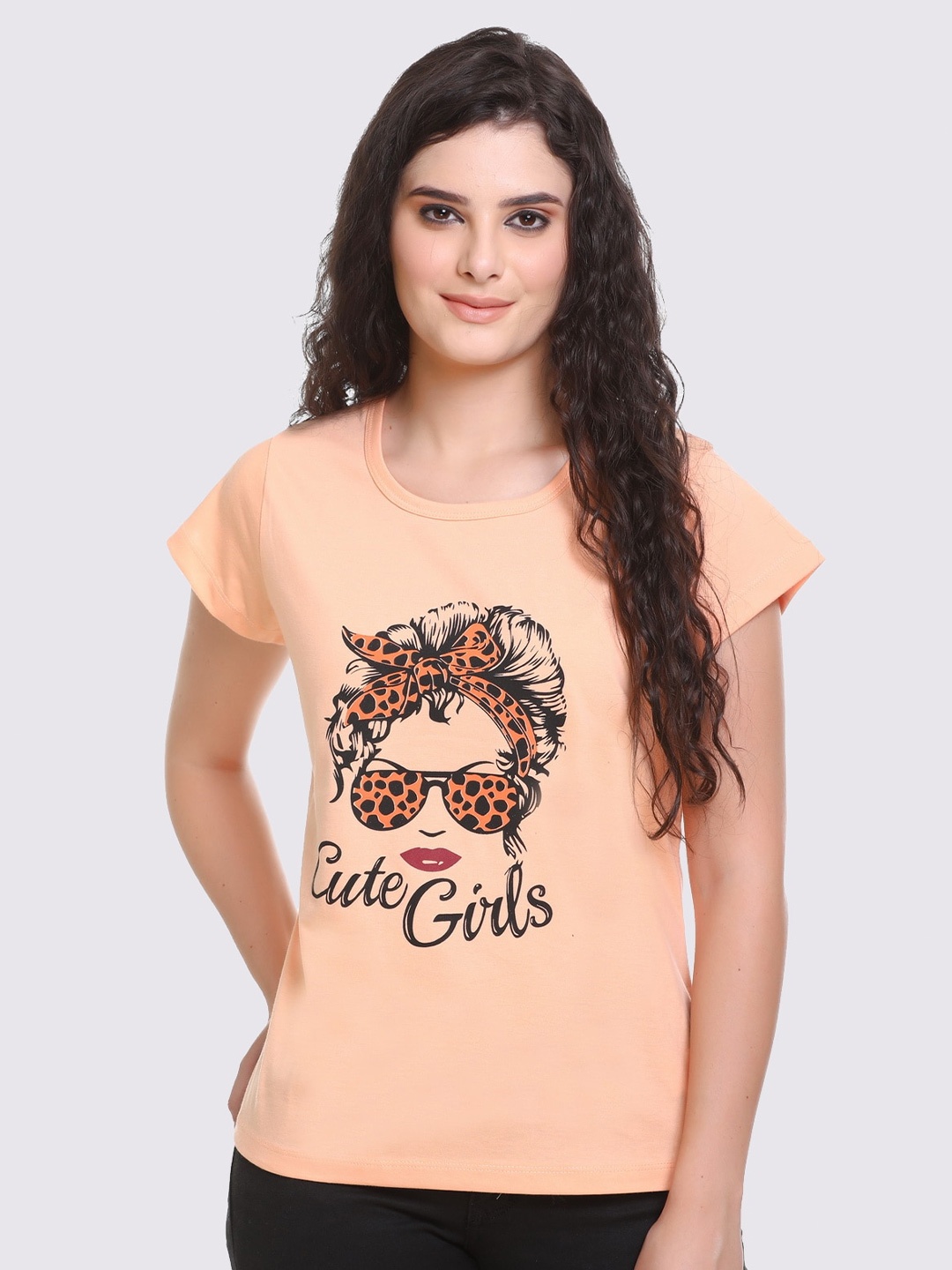 

GODFREY Women Printed Cotton T-shirt, Peach