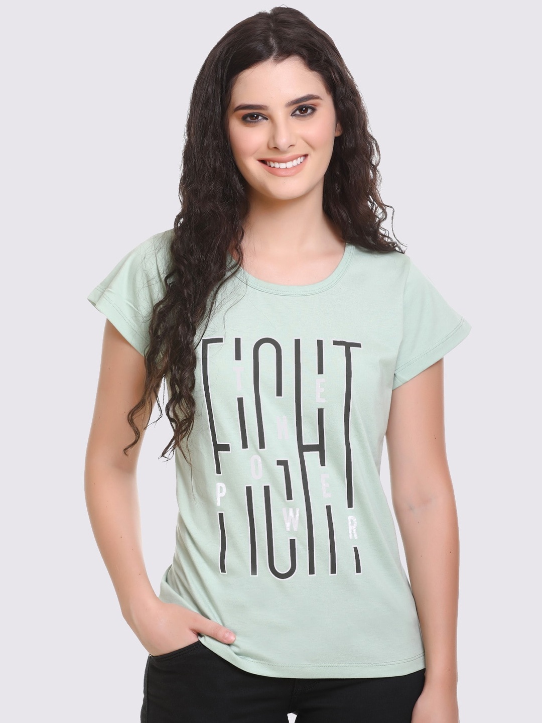 

GODFREY Women Typography Printed Cotton T-shirt, Sea green