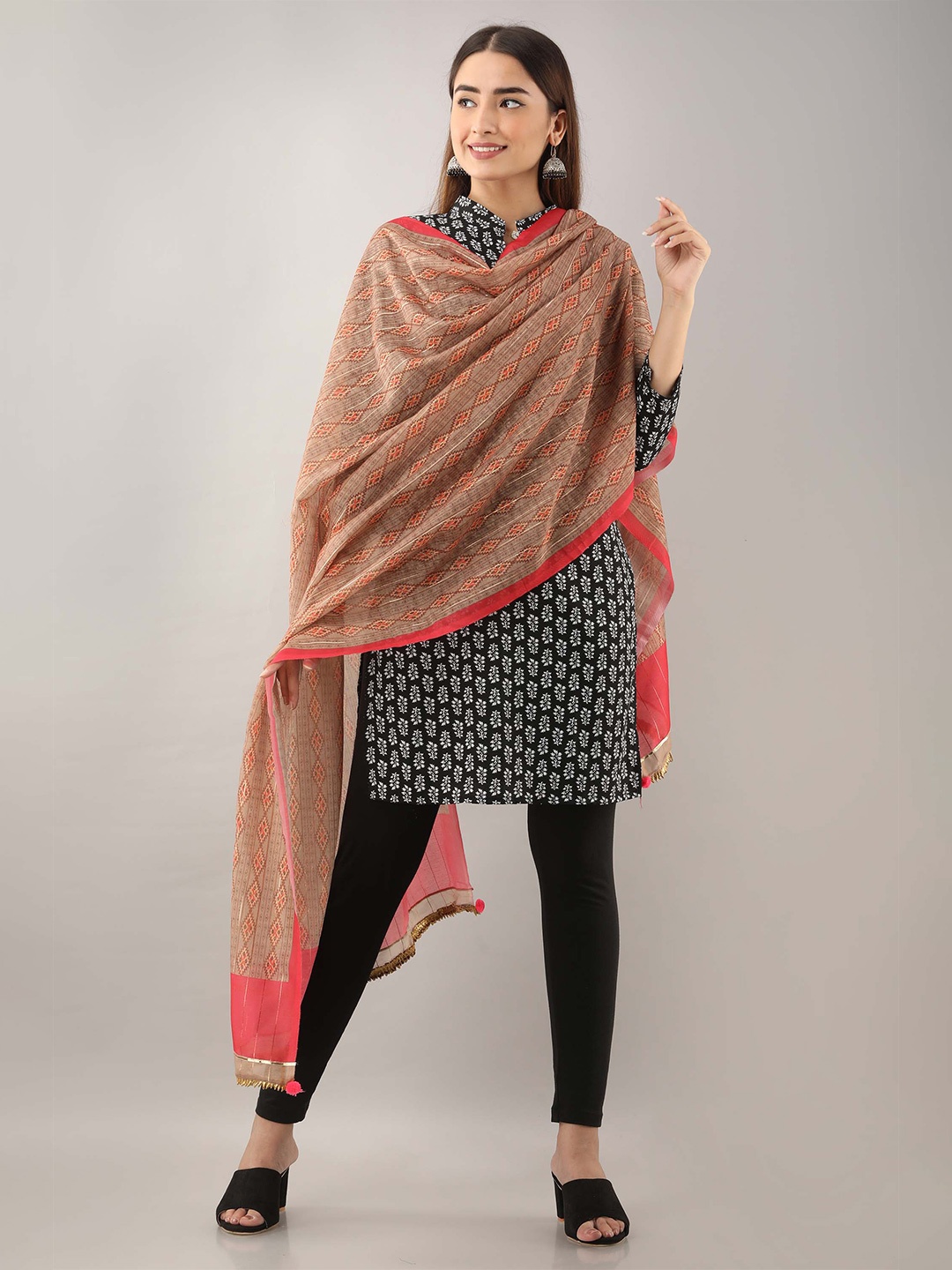 

Nehamta Printed Art Silk Dupatta with Zari, Beige