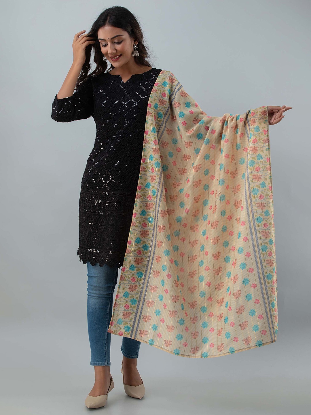 

Nehamta Printed Art Silk Dupatta with Zari, Cream