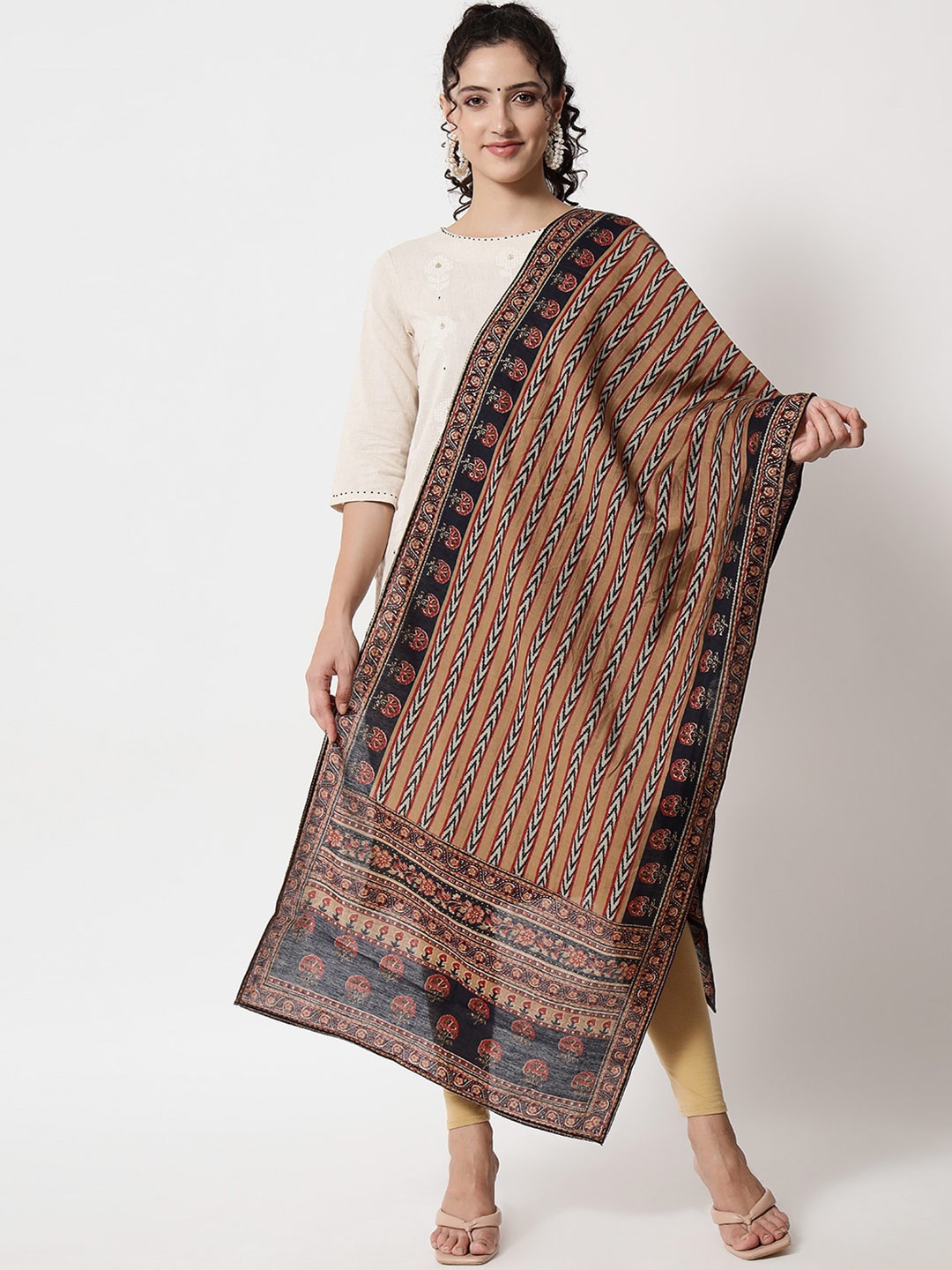 

Nehamta Navy Blue & Black Striped Organza Foil Print Dupatta