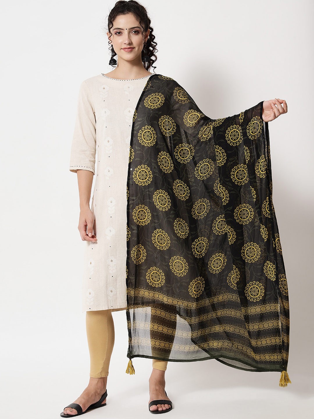 

Nehamta Black & Gold-Toned Printed Dupatta