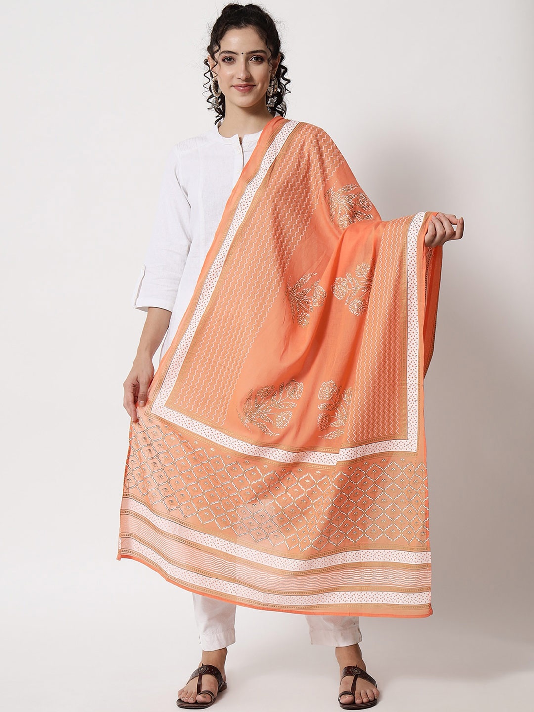 

Nehamta Ethnic Motifs Printed Foil Print Dupatta, Peach