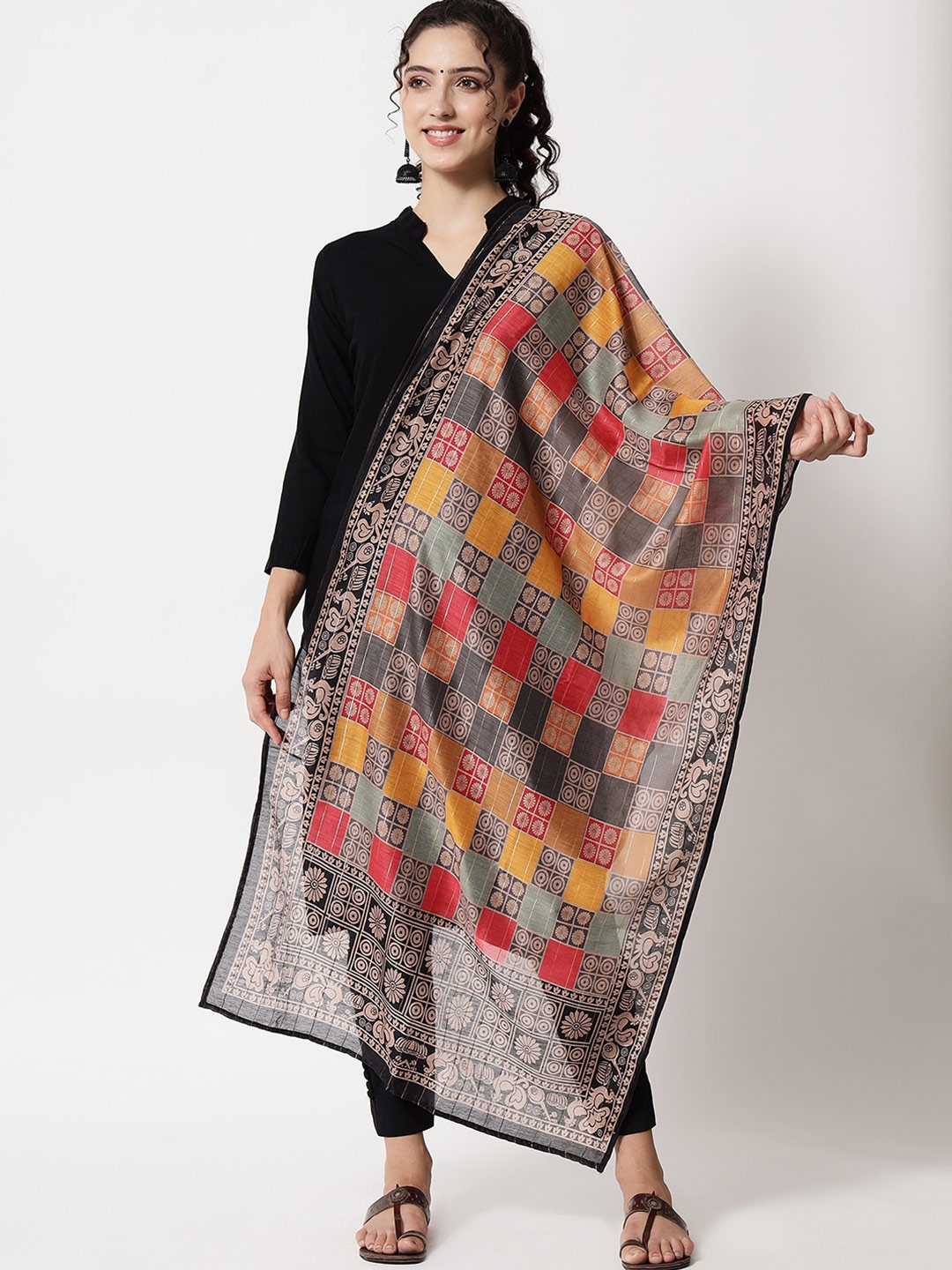 

Nehamta Ethnic Motifs Printed Art Silk Dupatta, Black