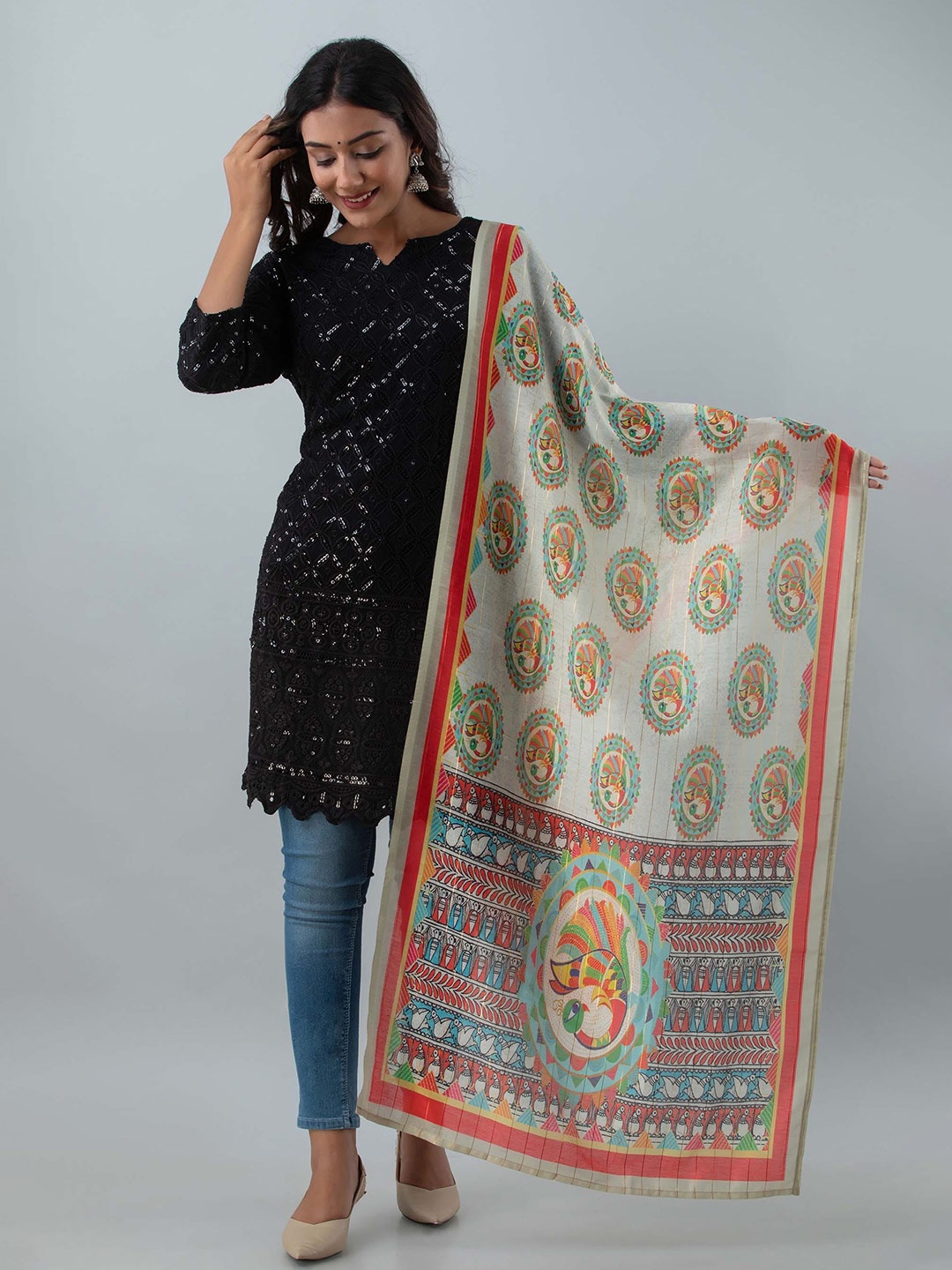 

Nehamta Ethnic Motifs Printed Art Silk Dupatta, White
