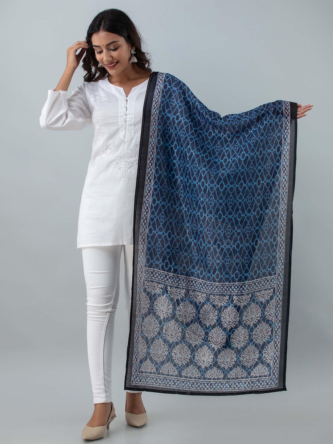 

Nehamta Ethnic Motifs Printed Art Silk Dupatta, Navy blue