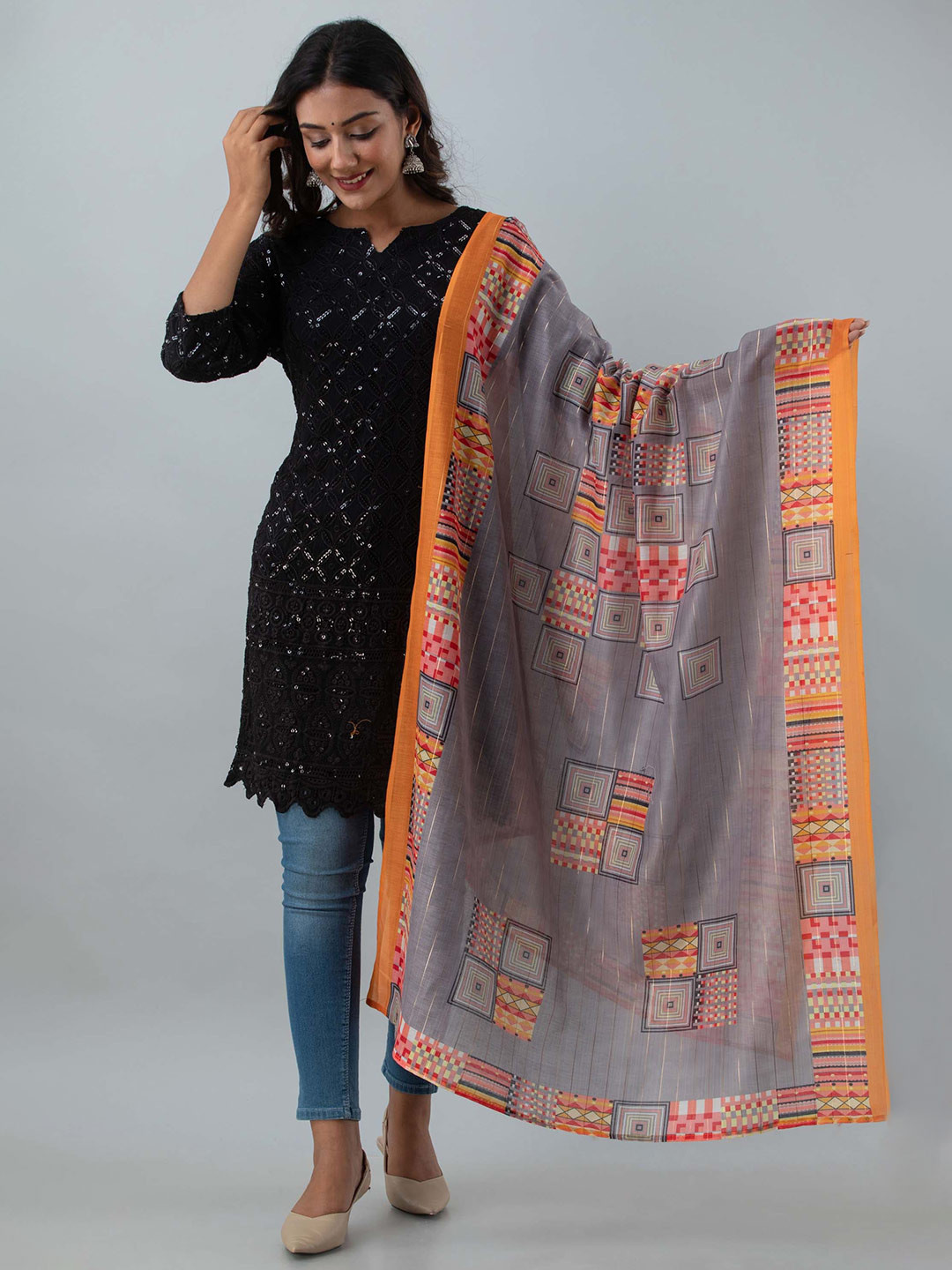 

Nehamta Printed Art Silk Dupatta with Zari, Grey
