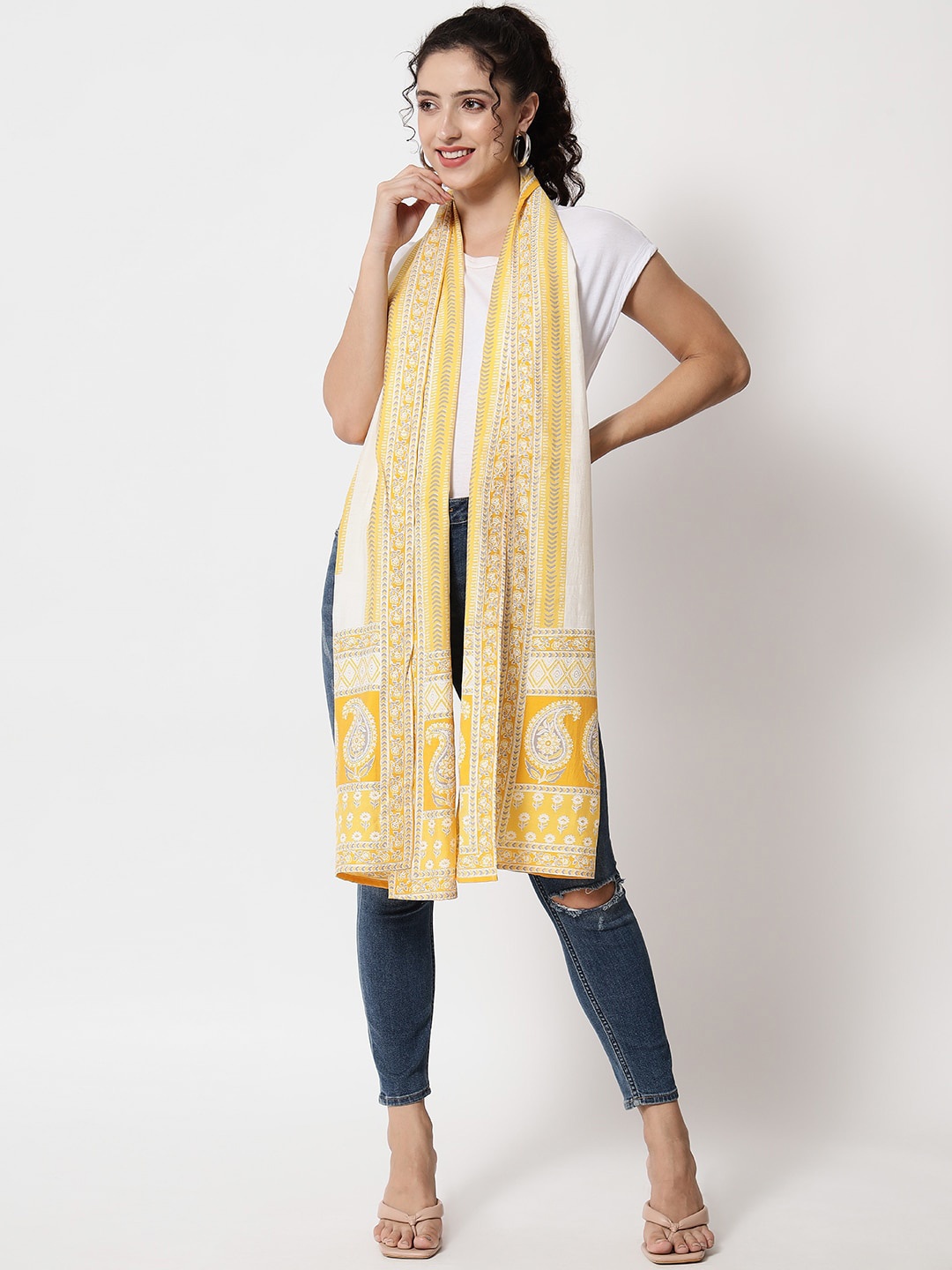 

Nehamta Paisley Printed Cotton Silk Dupatta, White