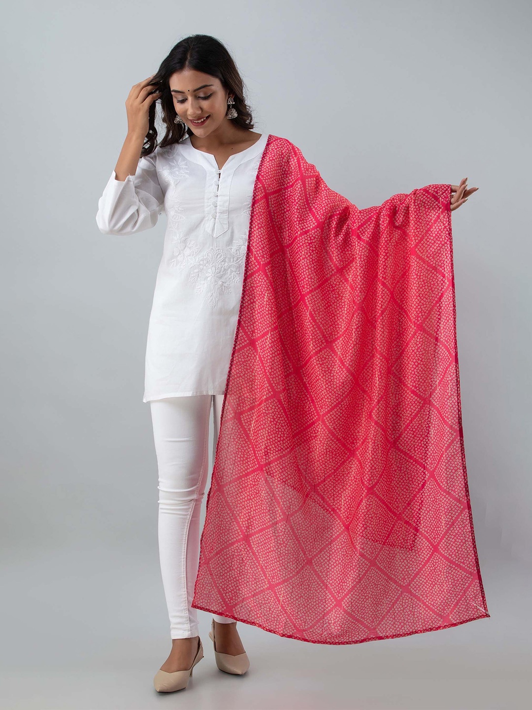 

Nehamta Checked Art Silk Bandhani Dupatta, Pink