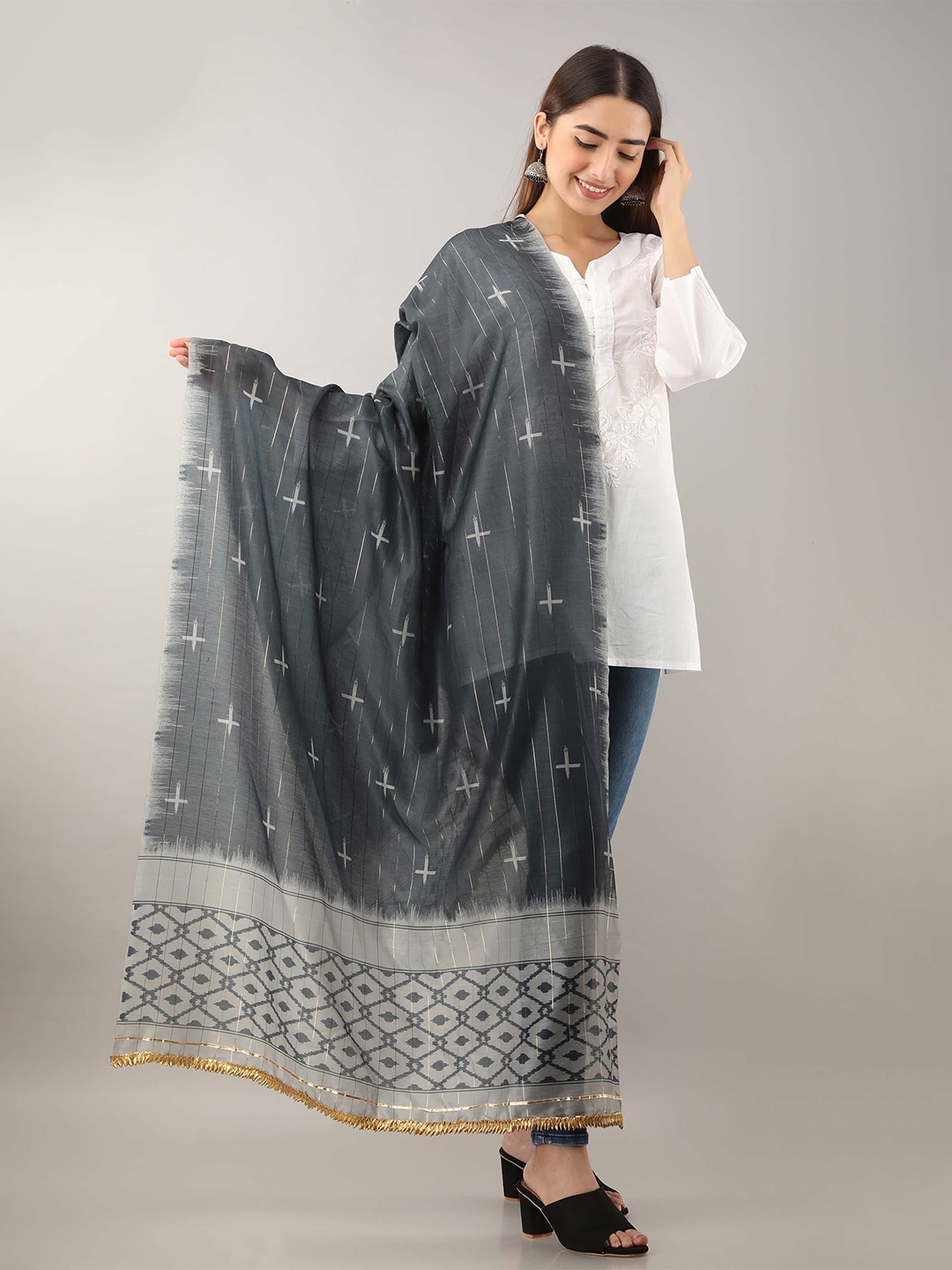 Nehamta Printed Art Silk Foil Print Dupatta with Zari, Grey