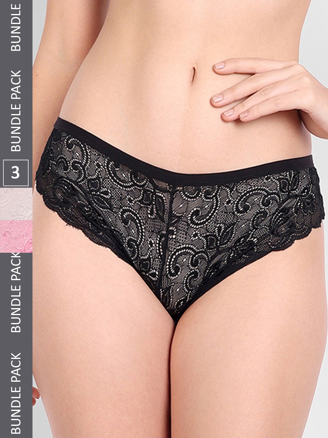 

FIMS Women Pack Of 3 Self Design Bikini Briefs, Black