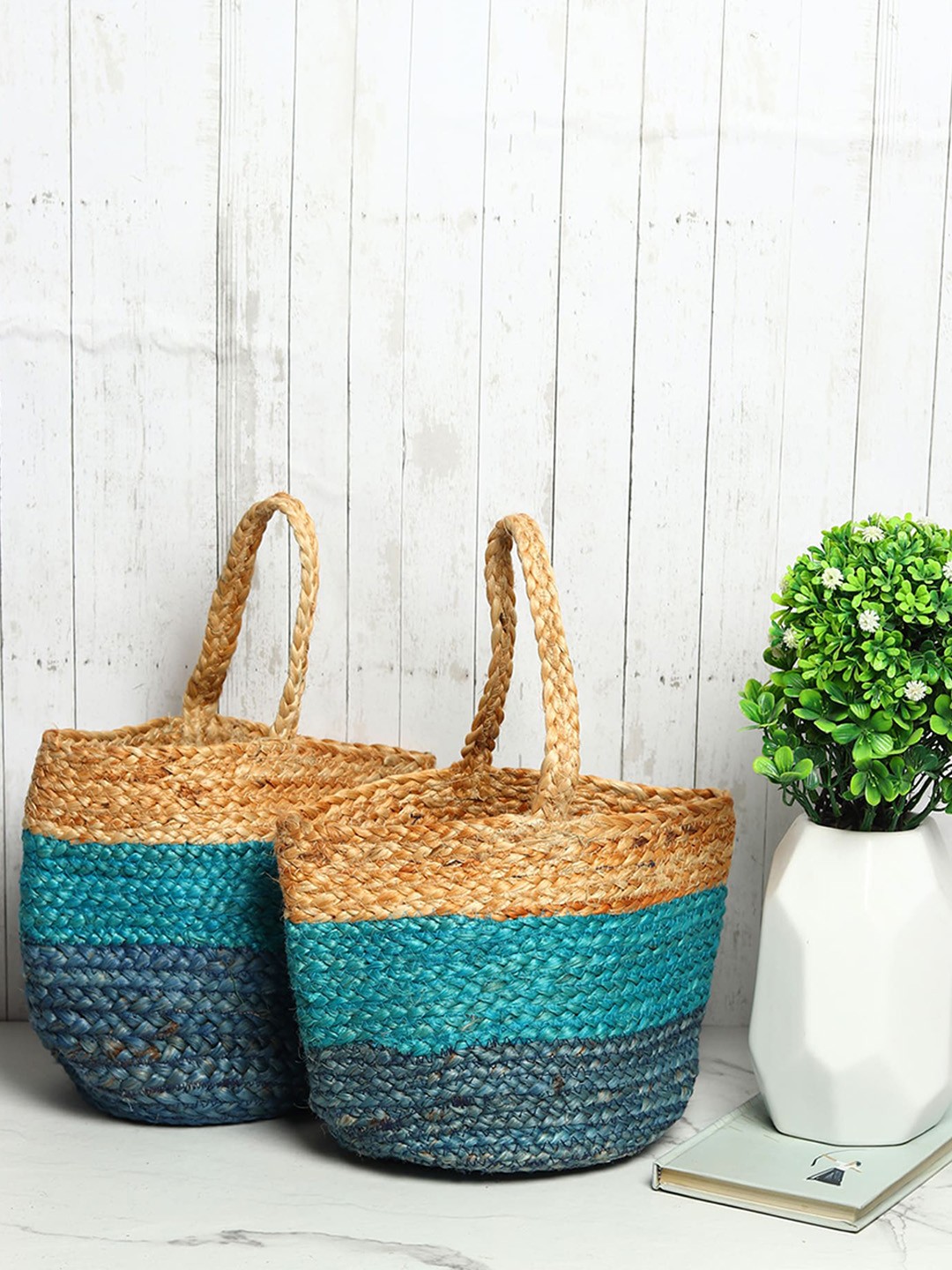 

HABERE INDIA Set of 2 Jute Storage Basket, Blue