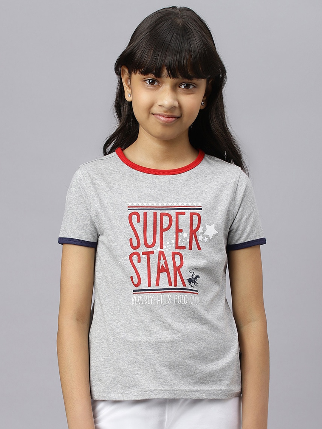 Beverly Hills Polo Club Girls Typography Printed Cotton T-shirt, Grey