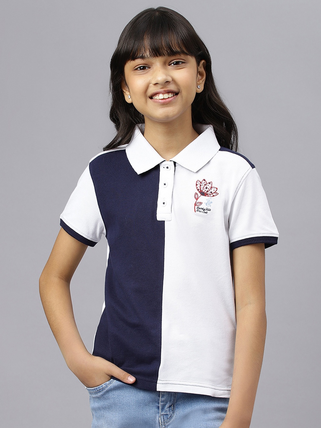 

Beverly Hills Polo Club Girls Colourblocked Polo Collar Cotton T-shirt, Navy blue