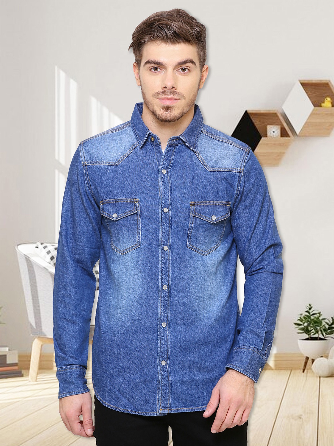 

Kuons Avenue Men Smart Slim Fit Faded Casual Denim Shirt, Blue