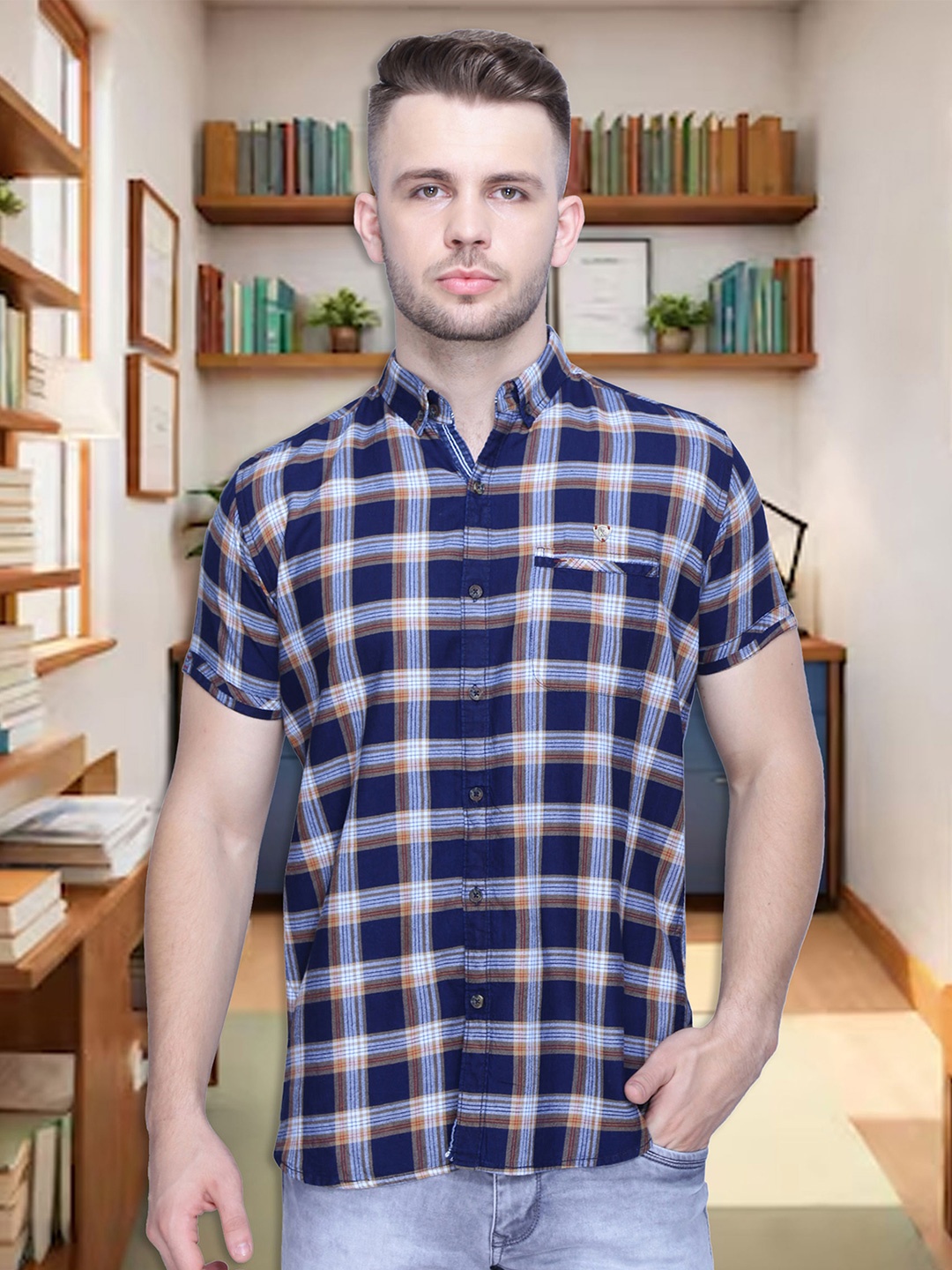 

Kuons Avenue Men Cotton Smart Checked Casual Shirt, Blue