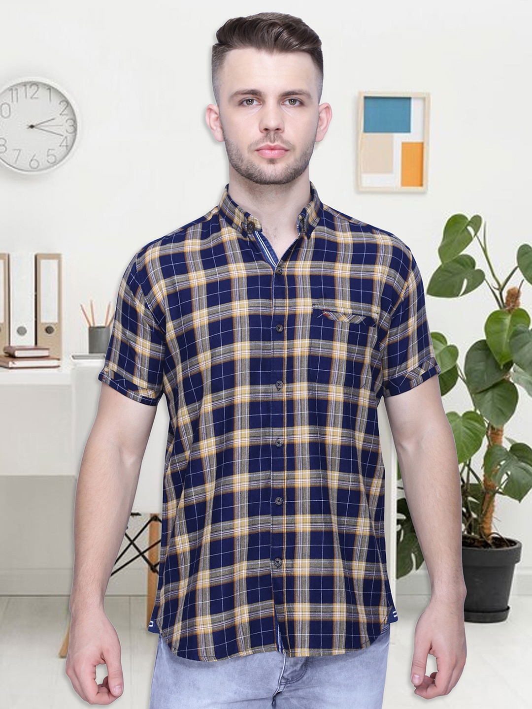 

Kuons Avenue Men Cotton Smart Slim Fit Tartan Checks Casual Shirt, Mustard