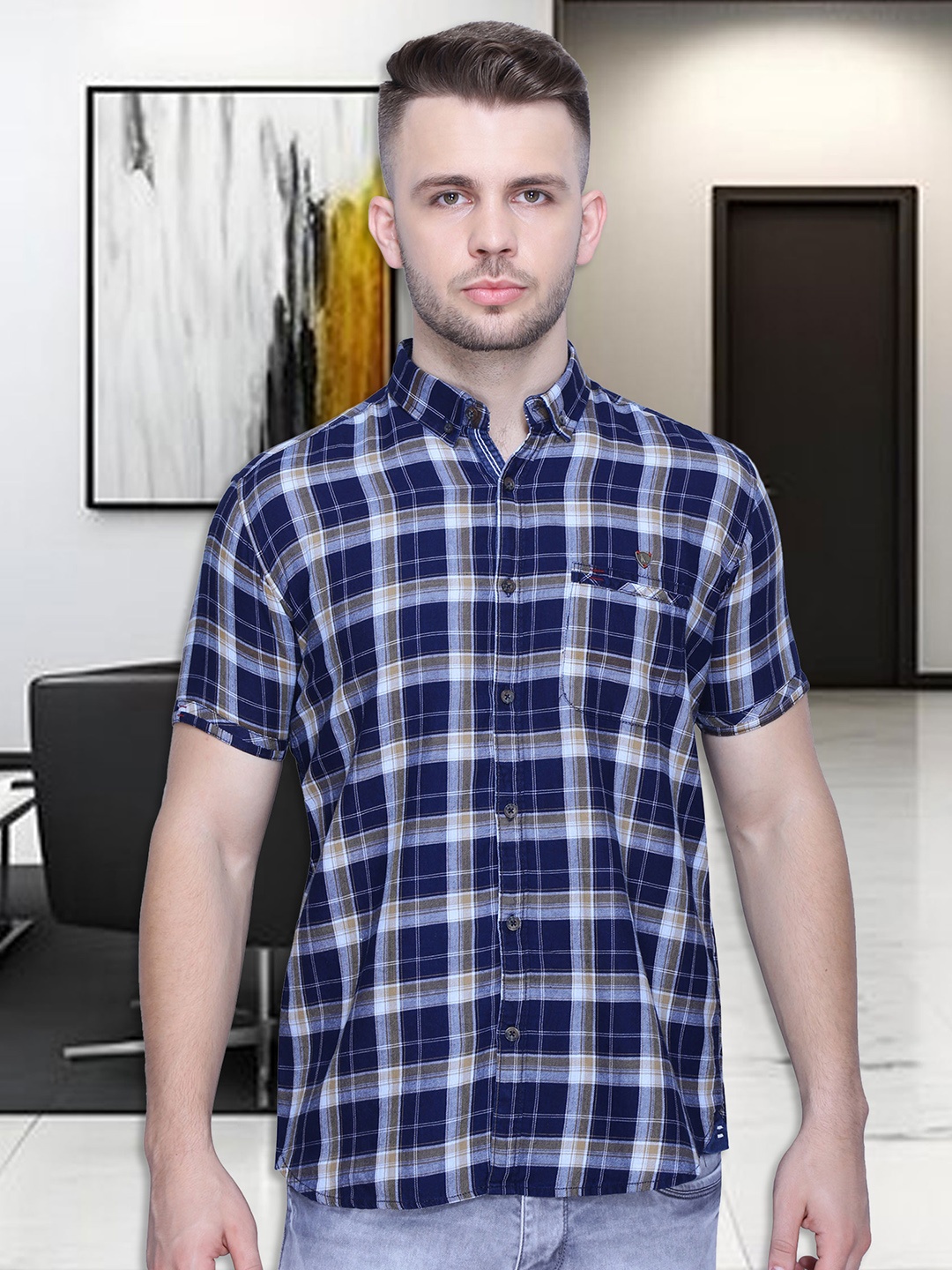 

Kuons Avenue Men Cotton Smart Tartan Checks Casual Shirt, Blue