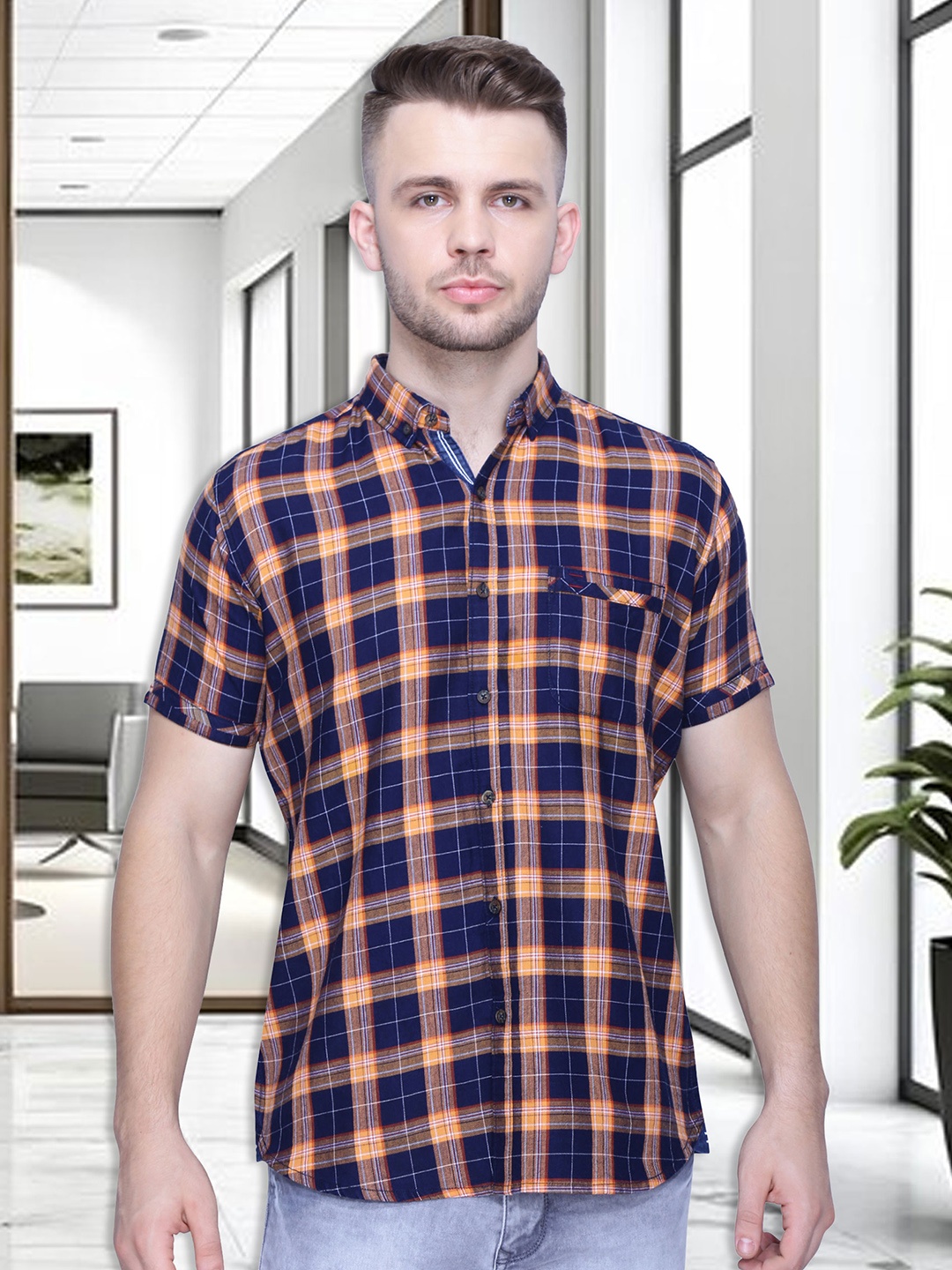 

Kuons Avenue Men Cotton Smart Checked Casual Shirt, Orange